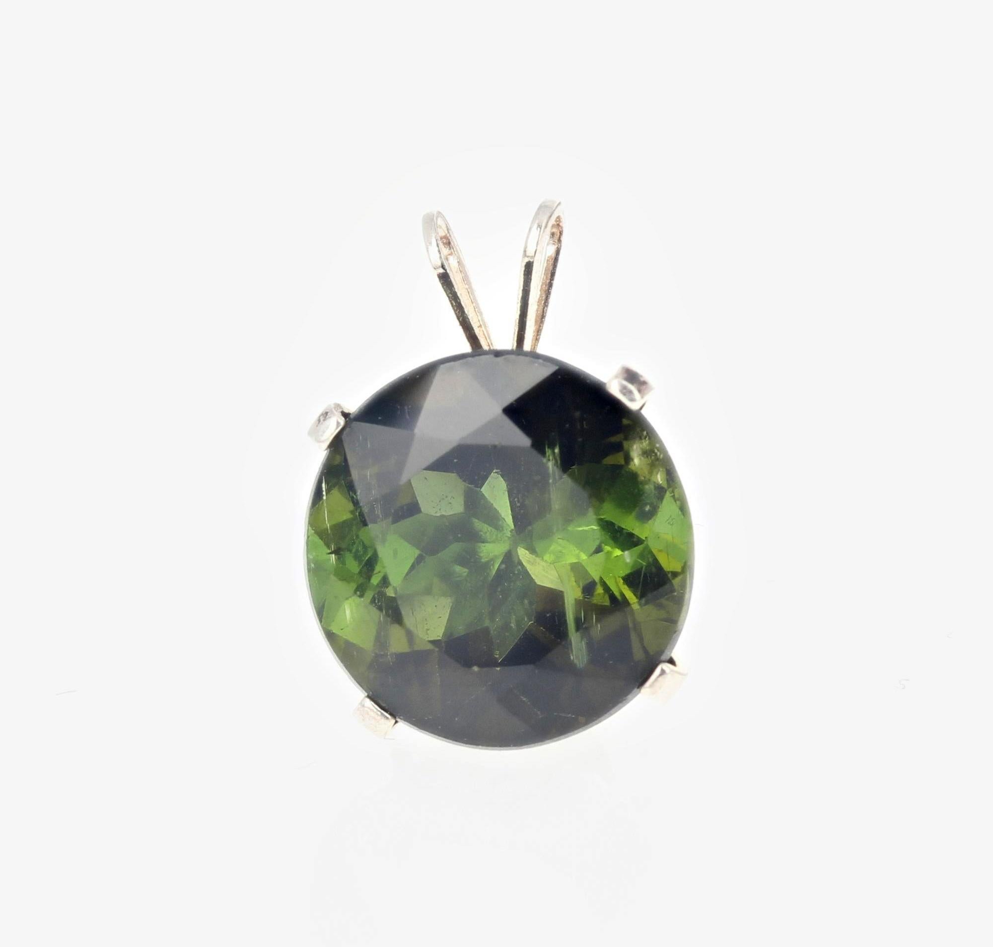 Round Cut AJD Brilliant RARE Natural 5 Cts Real Green Tourmaline Solitaire Silver Pendant