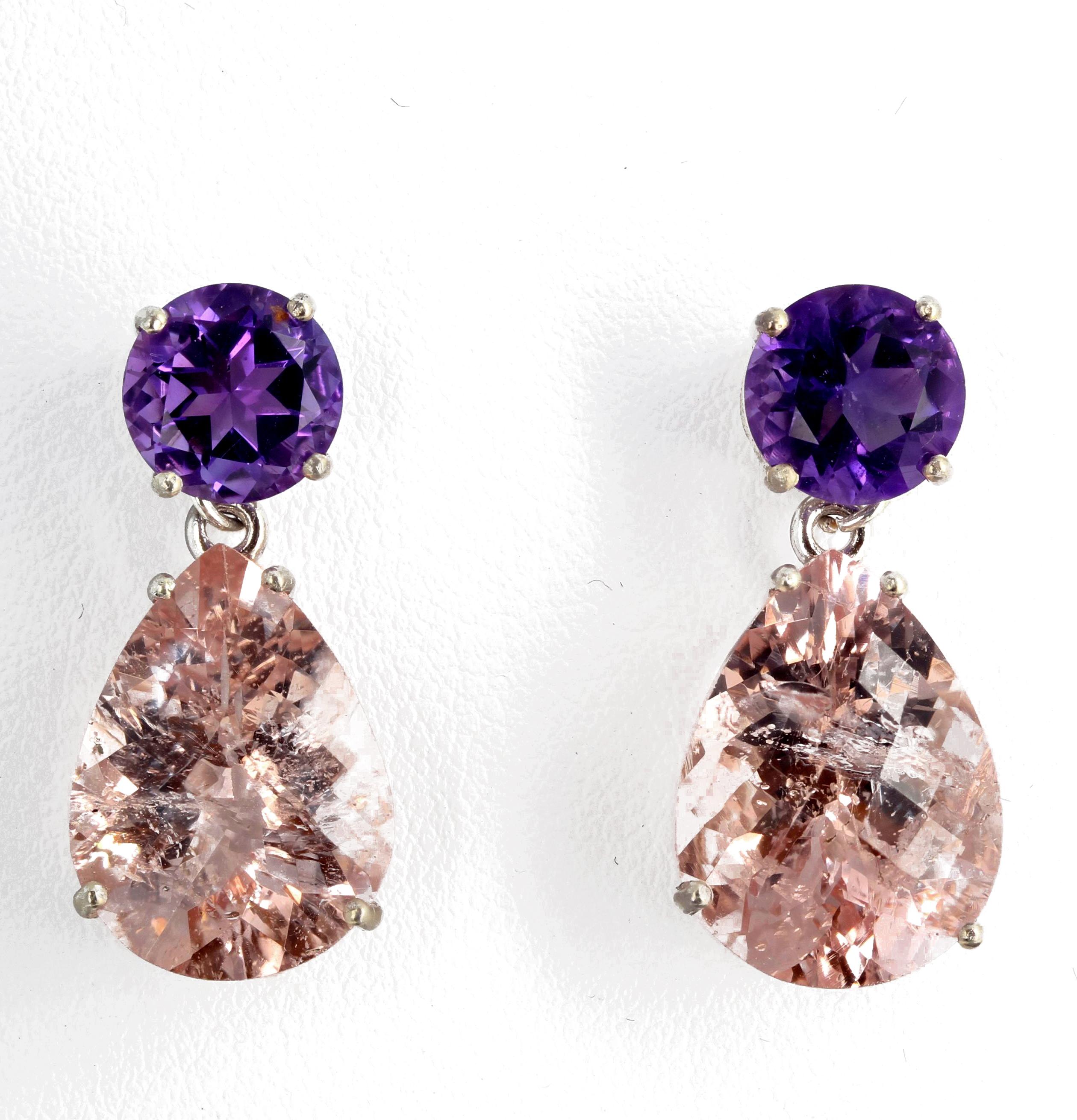 Unique3.62 Carats Amethysts & 15.16 Carats of Morganite Sterling Silver Earrings 1