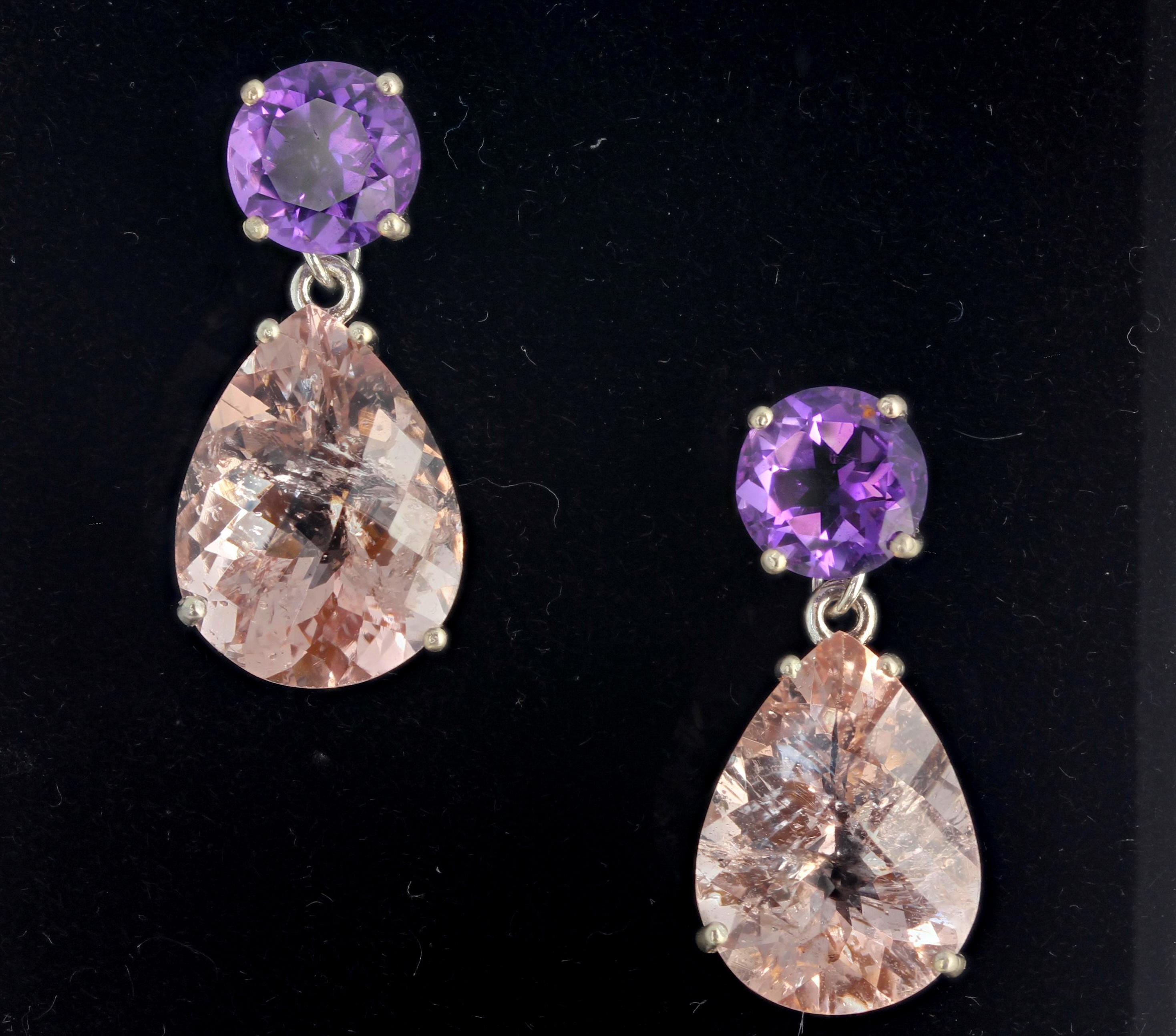 Brilliant round 3.62 carats of matching Amethysts (with natural sparkling pinky reflections - 8 mm round) enhances these glittering pinky checkerboard cut pear shaped dangling swinging natural matching Morganites (16 mm x 12 mm) set in Sterling