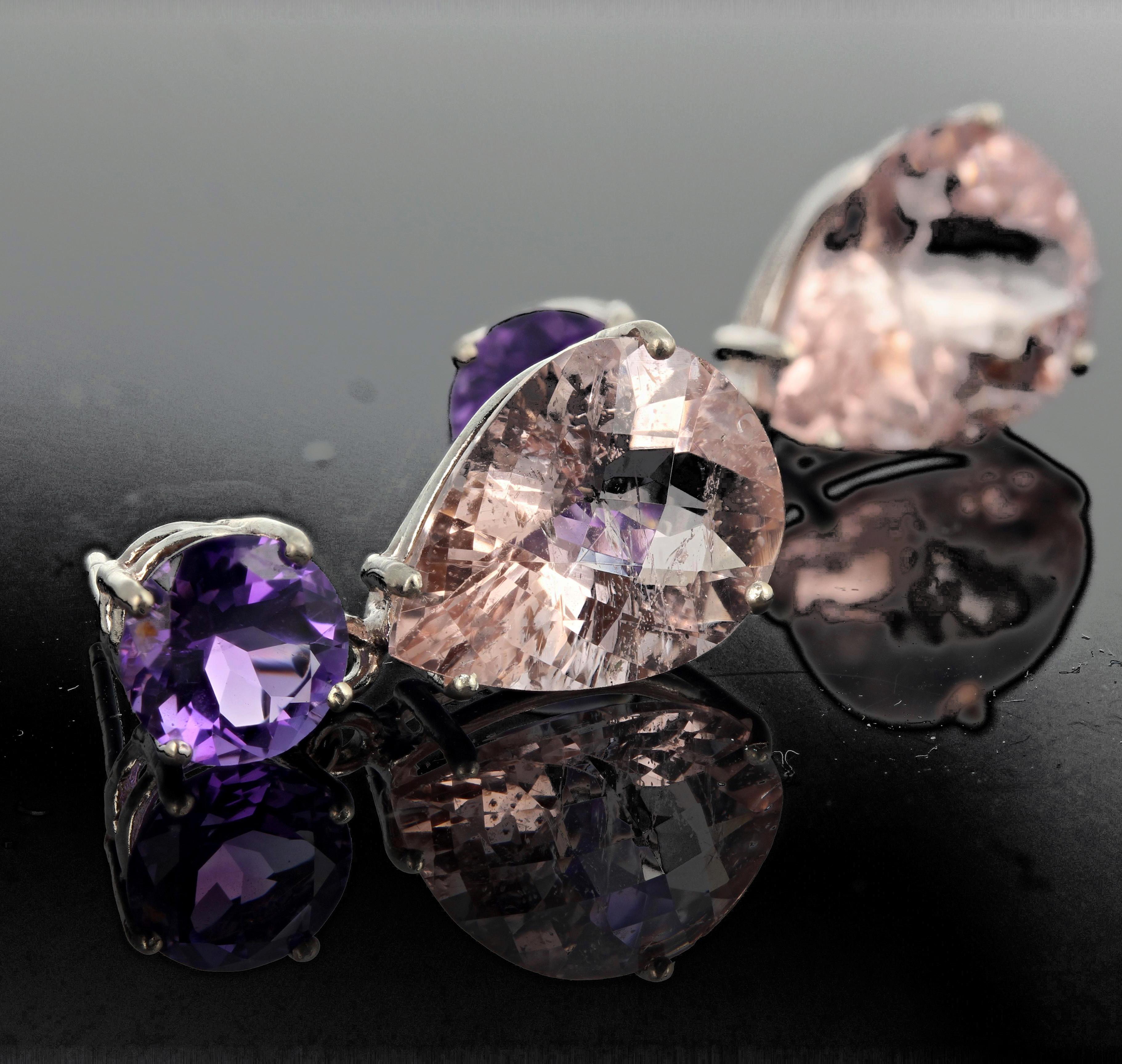 Unique3.62 Carats Amethysts & 15.16 Carats of Morganite Sterling Silver Earrings In New Condition In Raleigh, NC