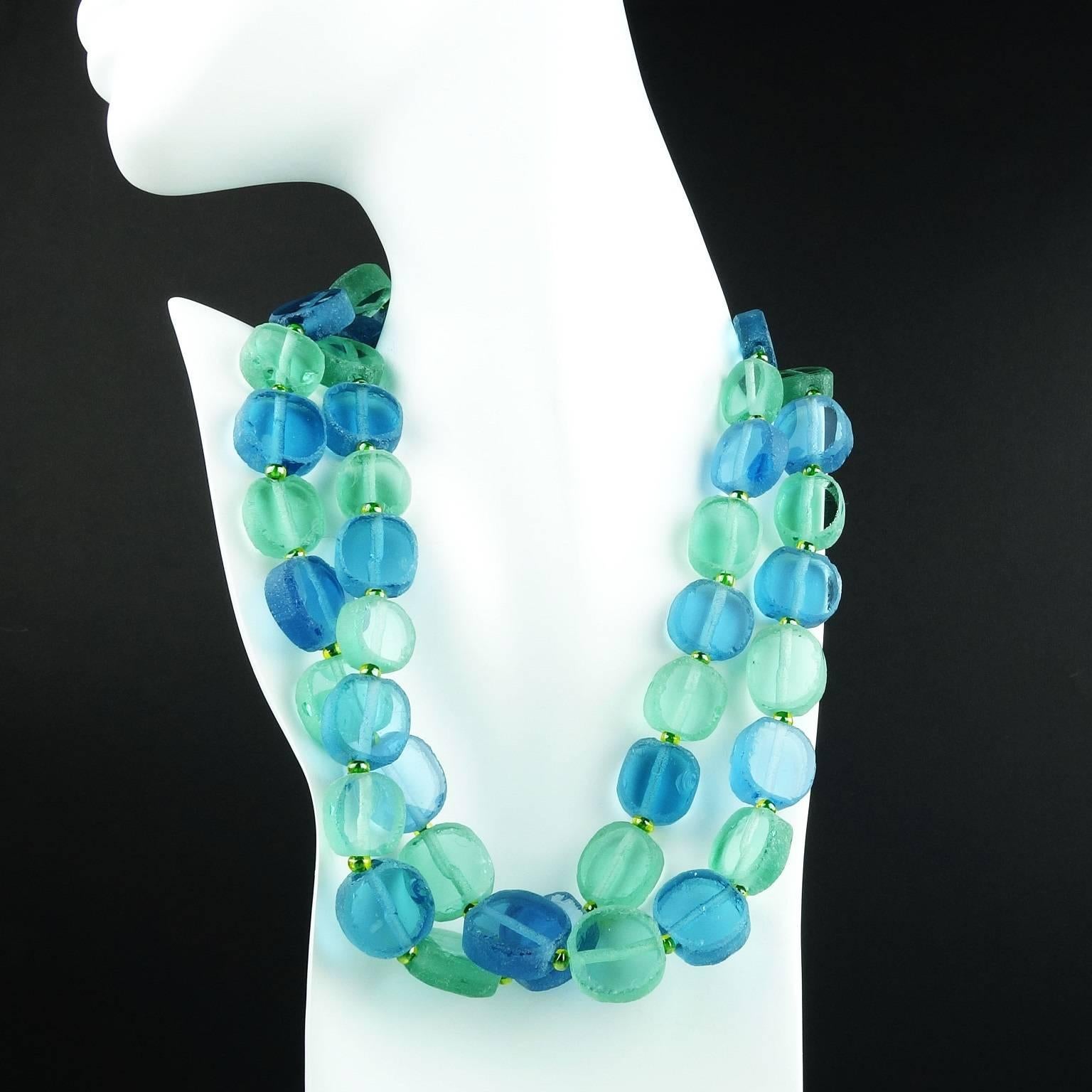 Double Strand Necklace of Blue and Green Sea Glass In New Condition In Raleigh, NC