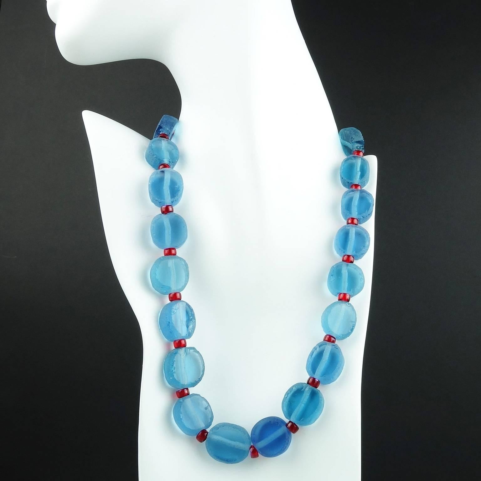 Bold necklace of polished discs of Bluish-Teal Sea Glass that are side drilled and accented with red crystals. Stunning contrast against white. Magnetic ball clasp slides sides apart.  More from this seller by putting gemjunky into 1stdibs search
