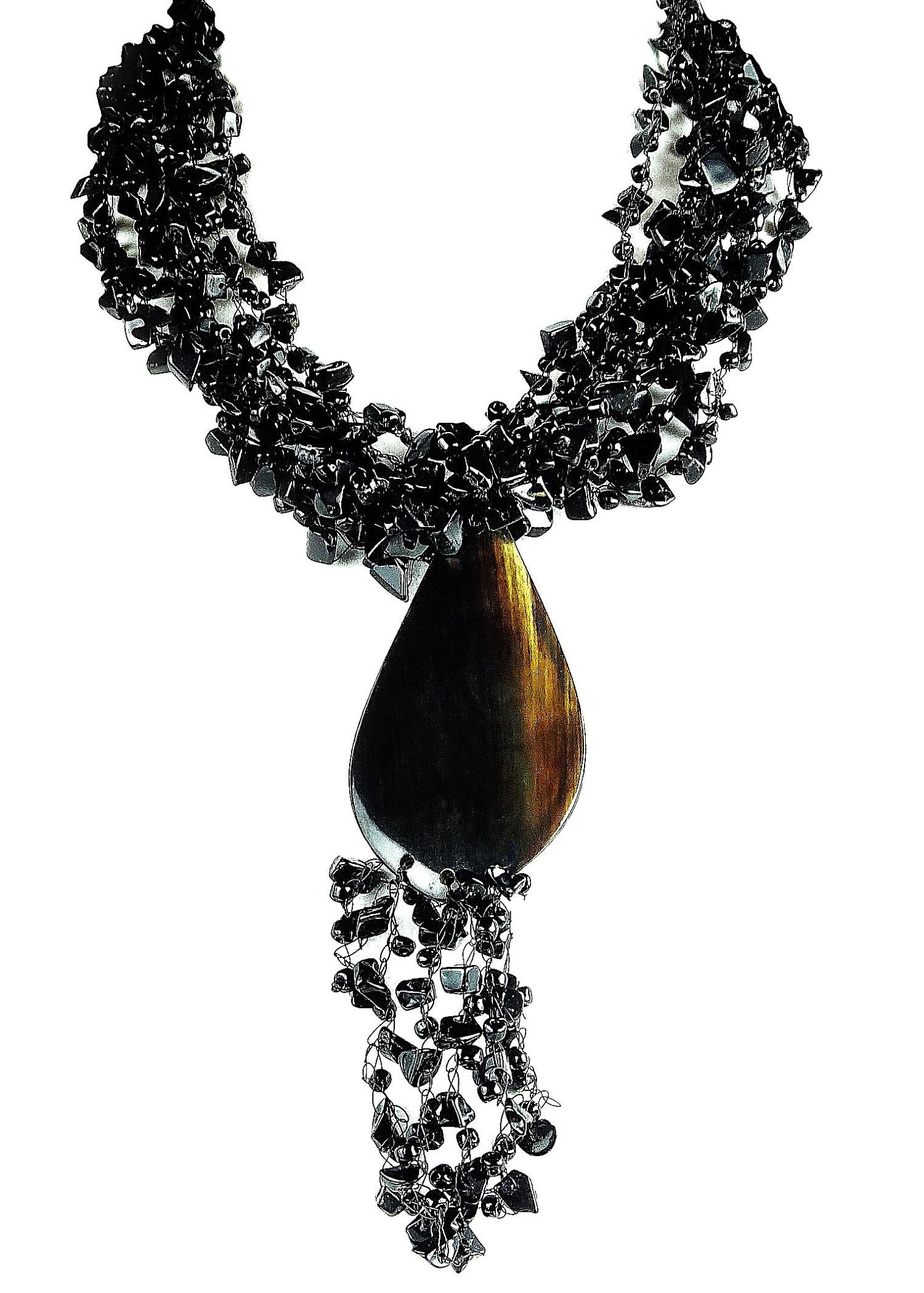 Women's Multi Strand Polished Onyx Chip Necklace with Tassel
