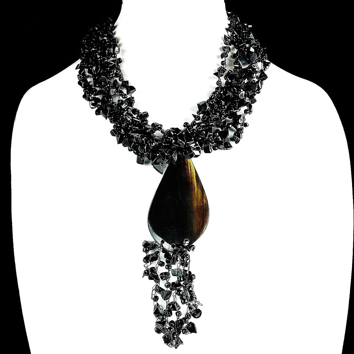 Multi Strand Polished Onyx Chip Necklace with Tassel 1