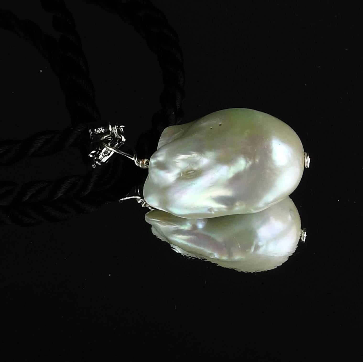 Bead White Baroque Pearl Pendant on Black Cord