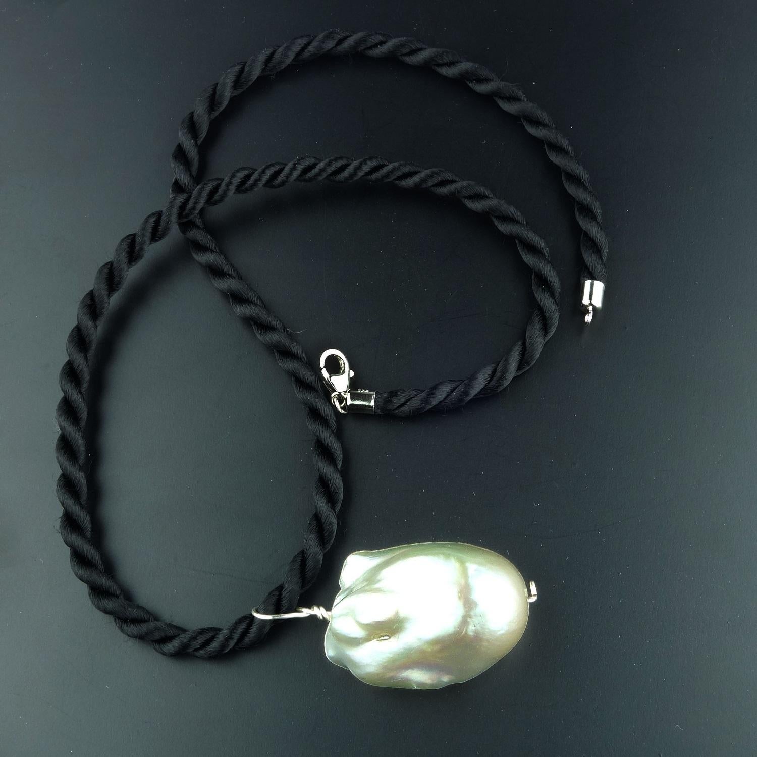 White Baroque Pearl Pendant on Black Cord In New Condition In Raleigh, NC