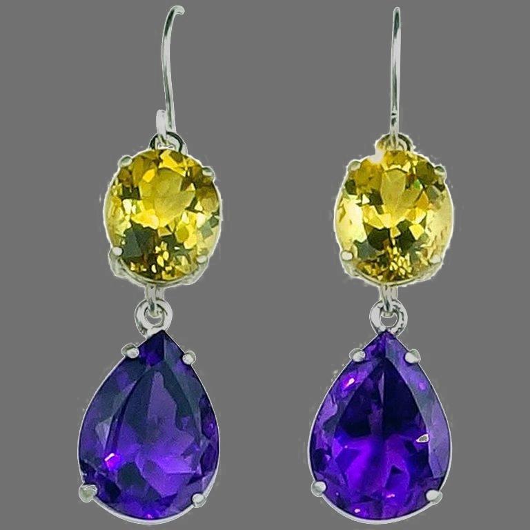 Mixed Cut Gemjunky Bright 18.85Cts Yellow Beryls & 12Cts Amethysts in Silver Drop Earrings