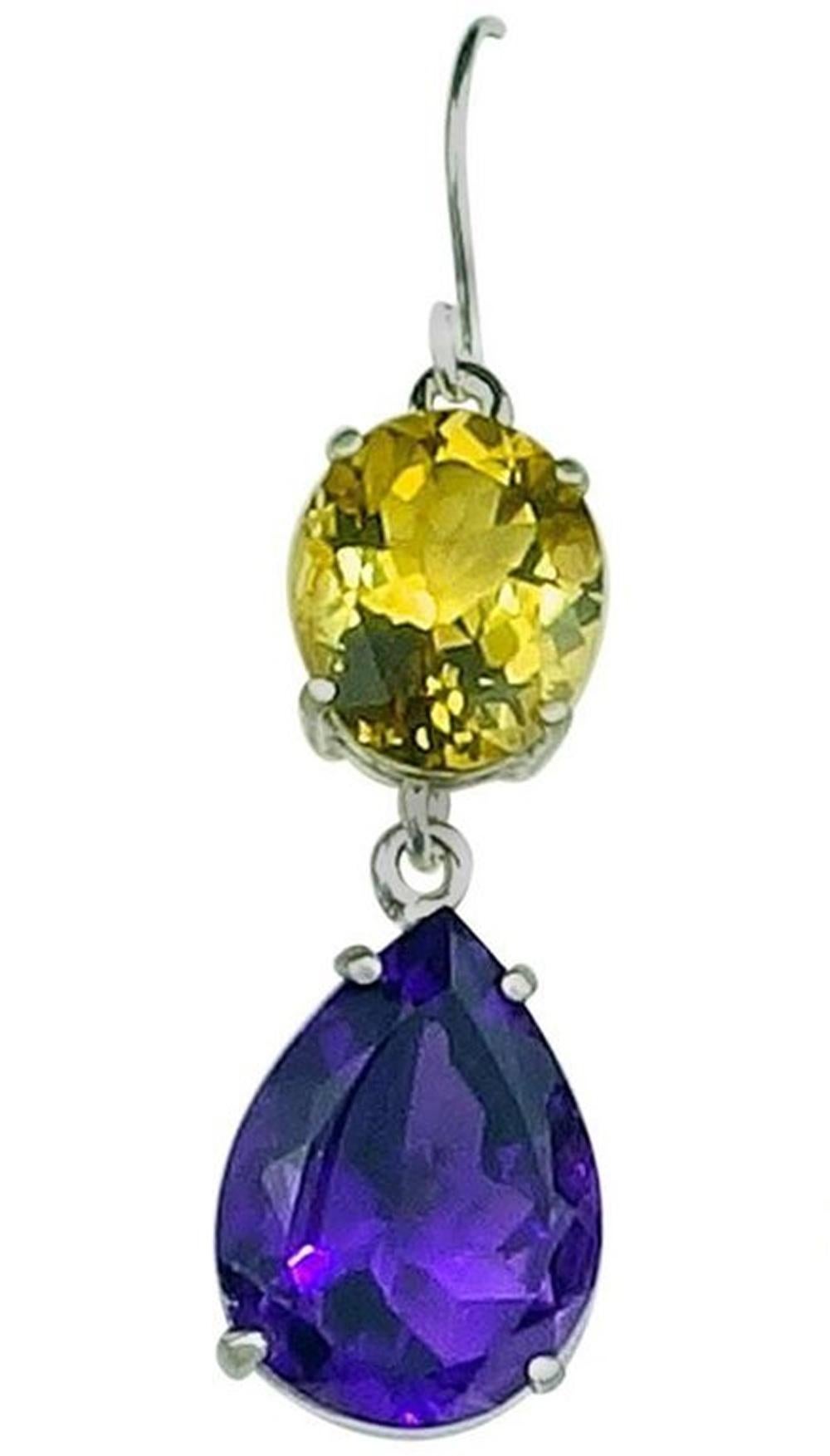 Gemjunky Bright 18.85Cts Yellow Beryls & 12Cts Amethysts in Silver Drop Earrings In New Condition In Raleigh, NC