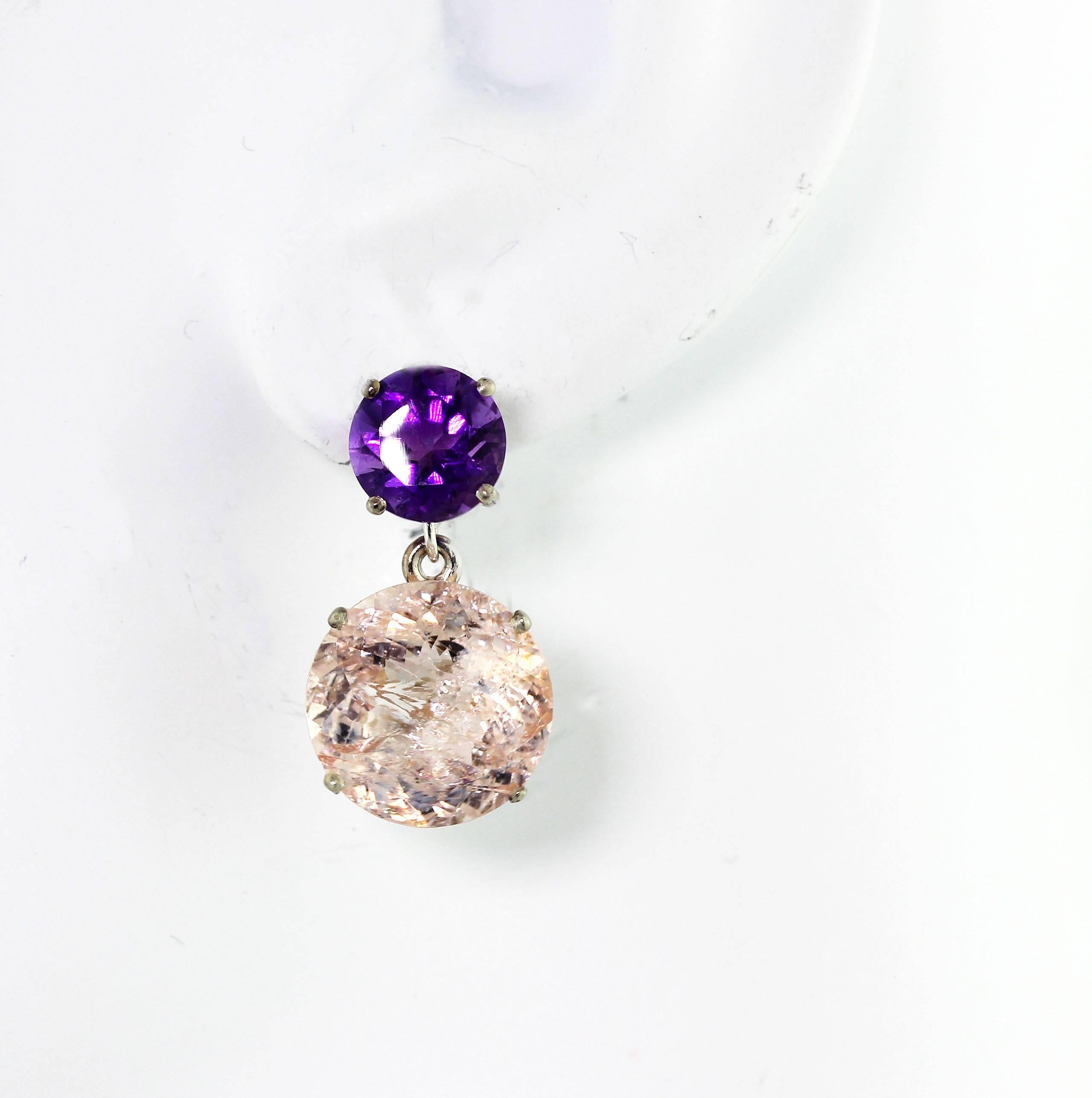 16.58 carats of rare beautiful light sparkling pink checkerboard gemcut round pink Morganites (13 mm) dangle elegantly from these glittering round purple Amethysts (7 mm) set in Sterling Silver stud earrings.  They measure .91 inches from top of