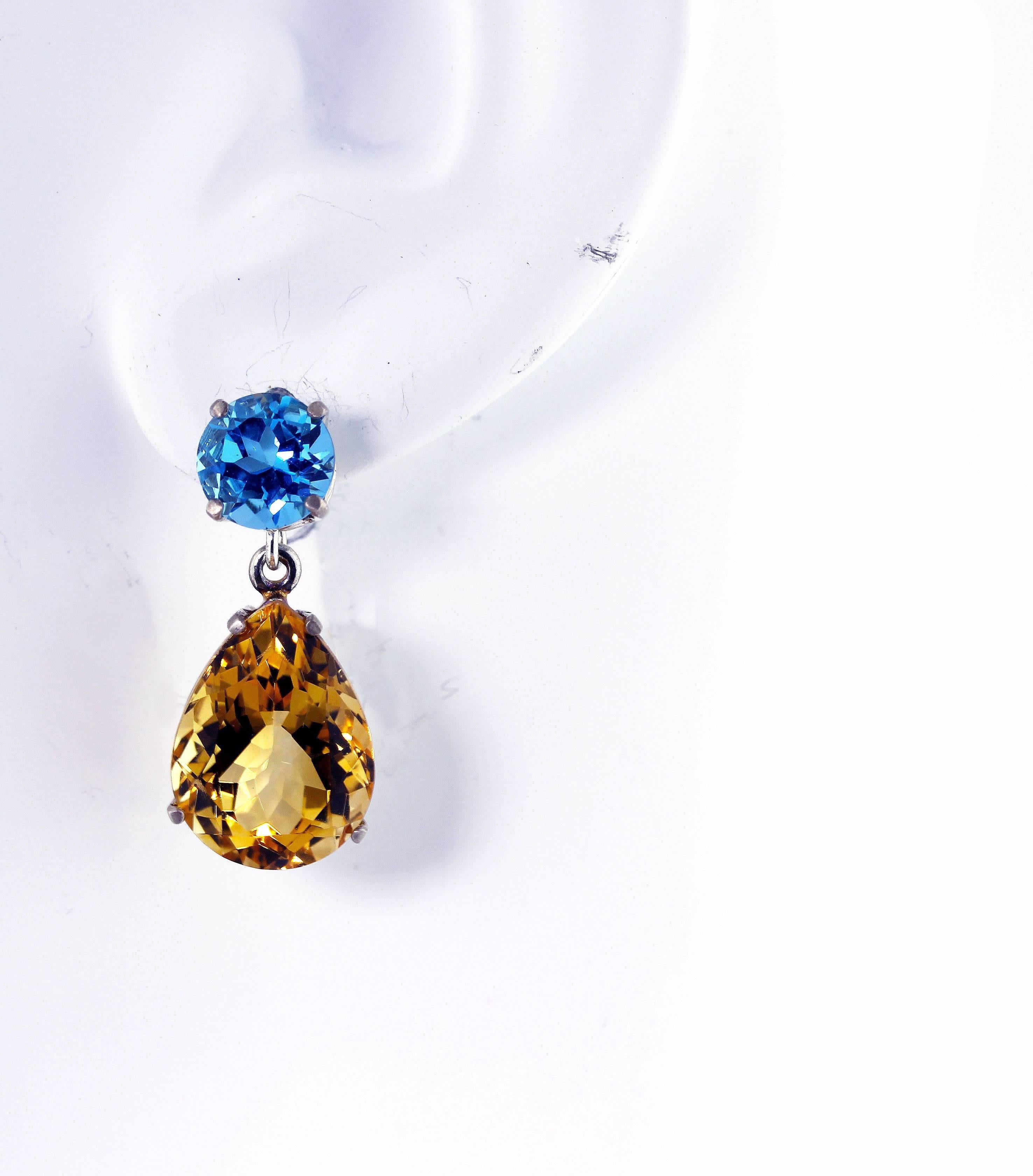 Women's Unique Blue Topaz and Citrine Sterling Silver Stud Earrings