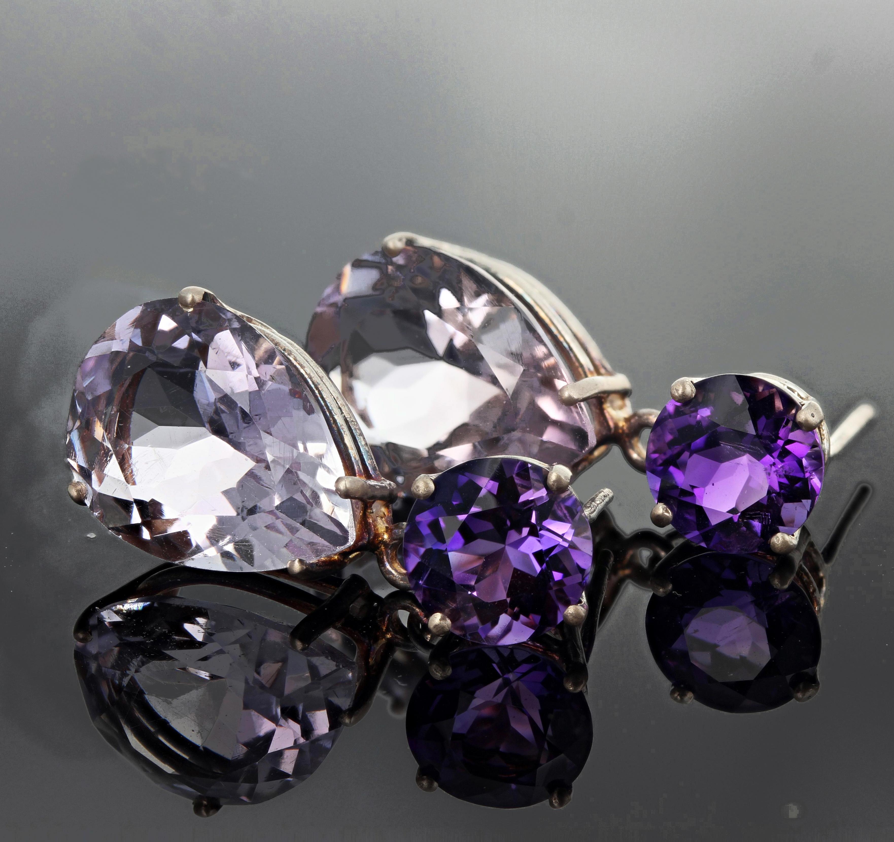 1.37 carats each of sparkling purple Amethysts (8 mm x 6 mm) dangle beautiful pear cut pinky-purple 6.5 carats each of Rose of France (16 mm x 11 mm) set in sterling silver stud earrings.  They measure 1 inch long.  More from this seller by putting