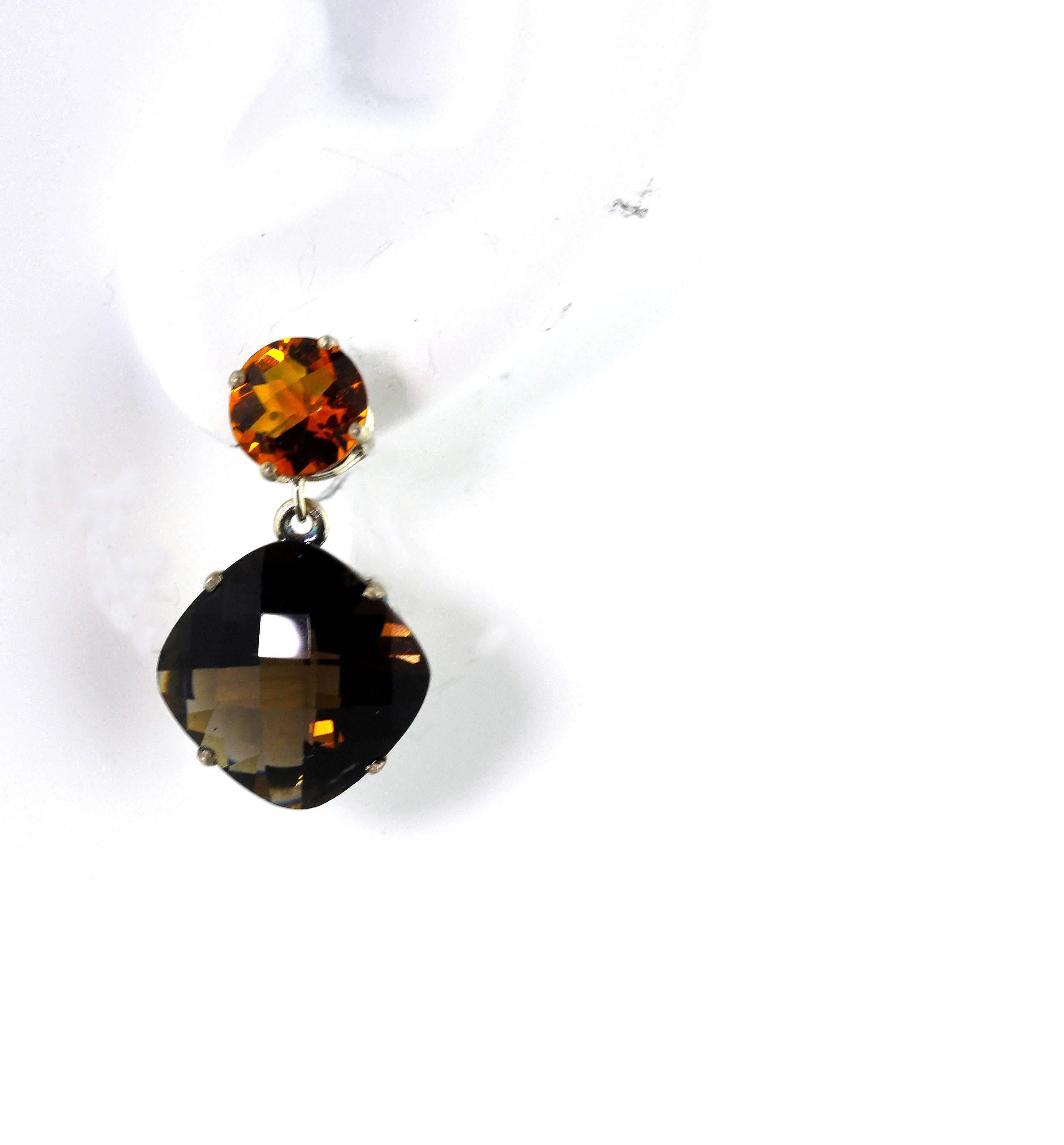 Madagascar Citrine and Smoky Quartz Sterling Silver Stud Earrings In Excellent Condition In Raleigh, NC