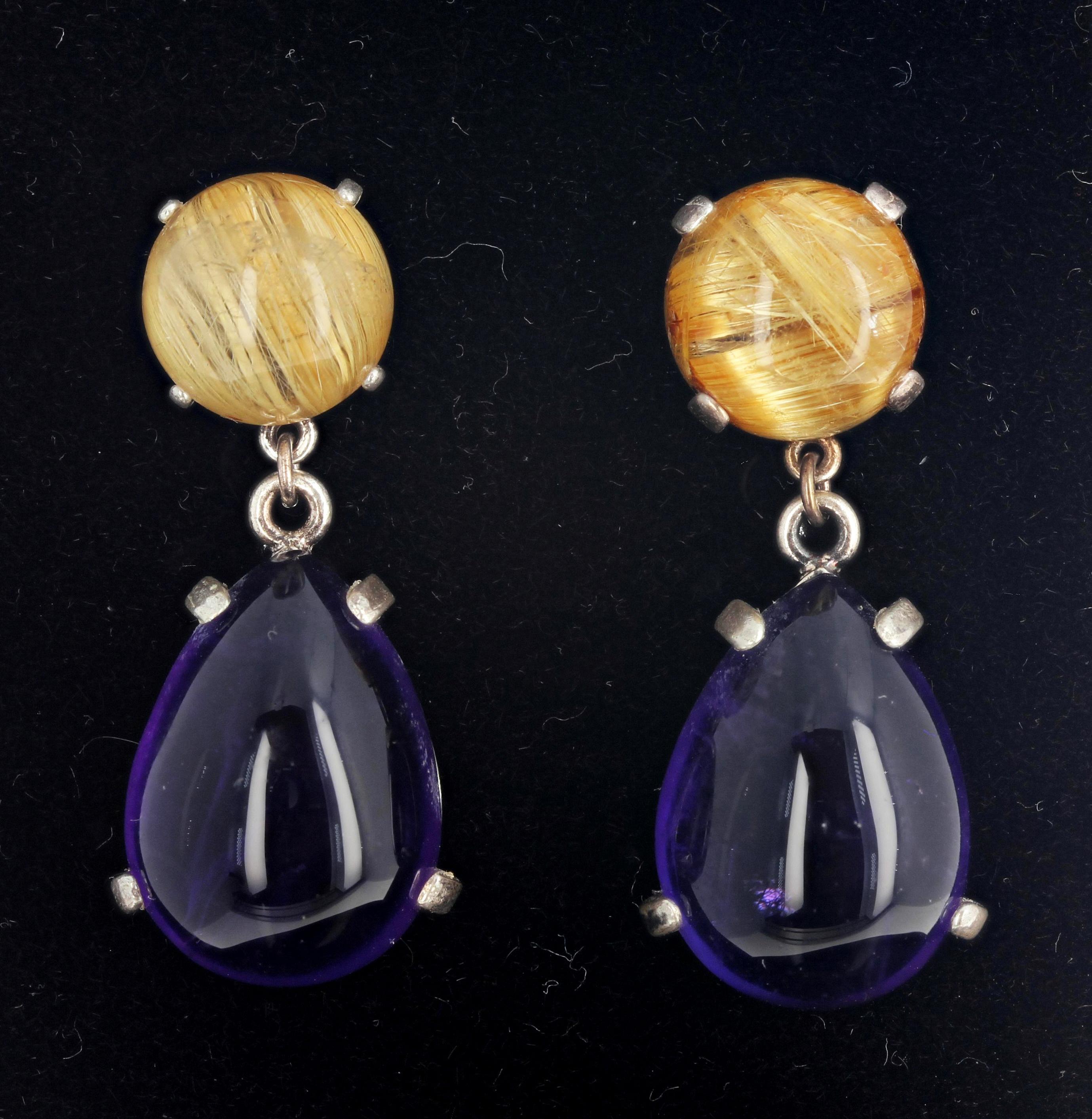 Mixed Cut AJD Elegant 34.6 Cts of Rutilated Quartz & Amethysts Stud Silver Earrings