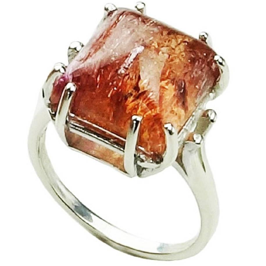 Pink/Orange Imperial Topaz Cabochon in Sterling Silver Ring