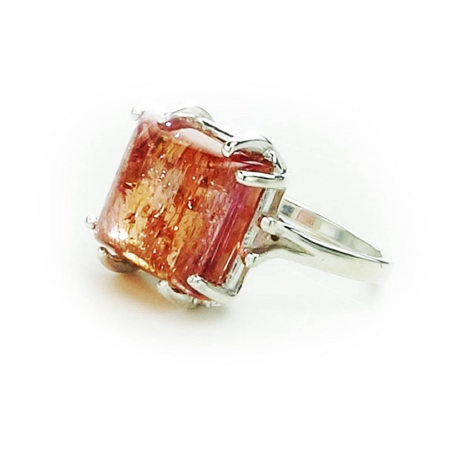 Pink/Orange Imperial Topaz Cabochon in Sterling Silver Ring 1