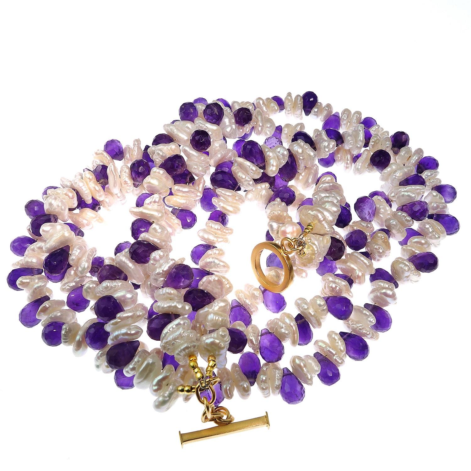 Triple strand Pearl and Amethyst Necklace  February Birthstone