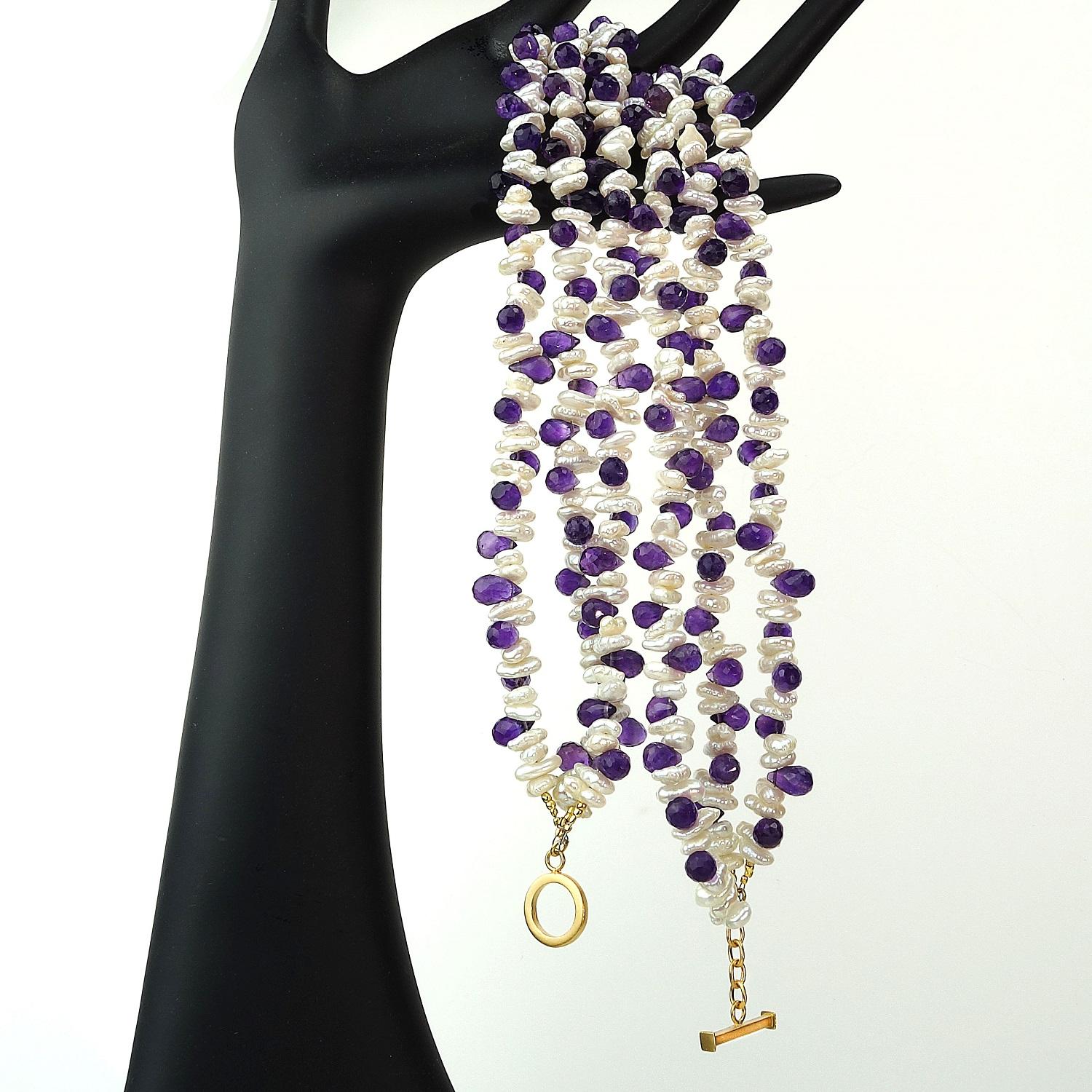 Women's or Men's Triple strand Pearl and Amethyst Necklace  February Birthstone