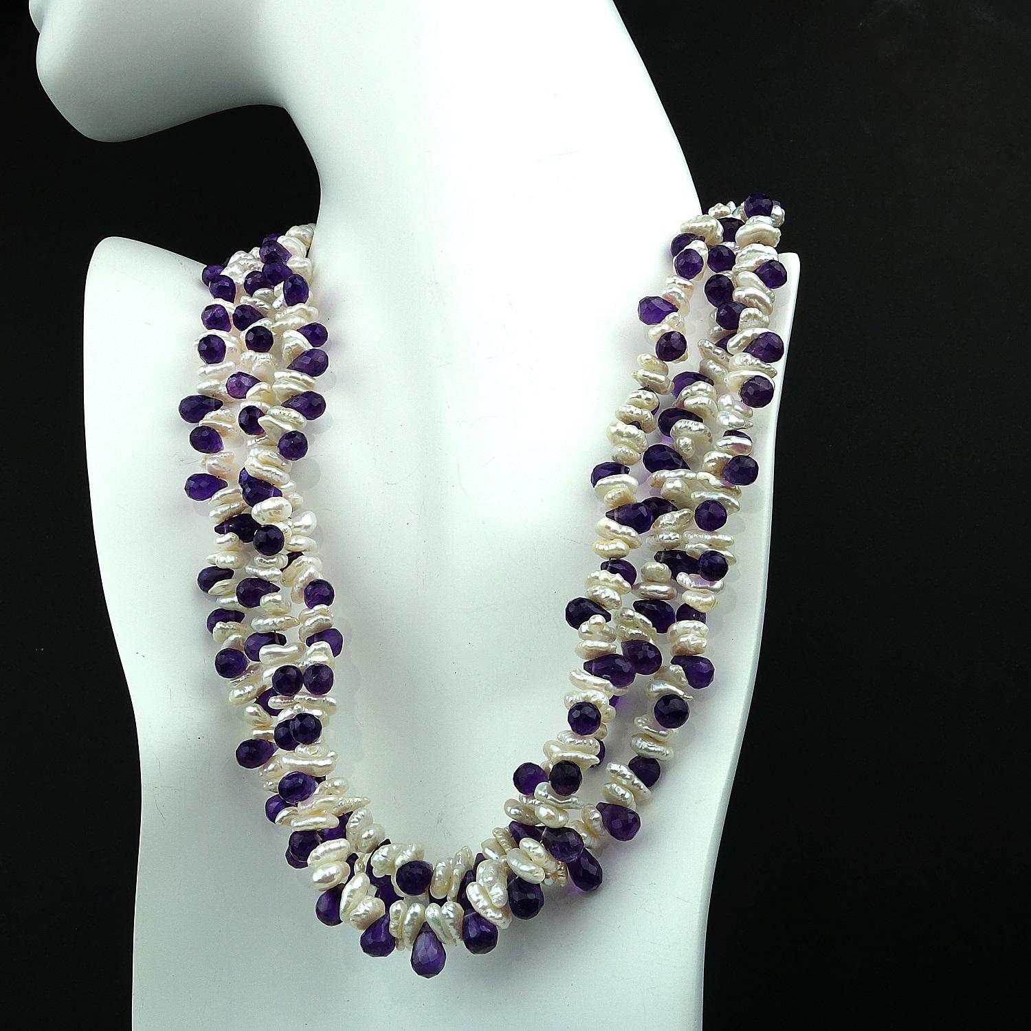 Triple strand Pearl and Amethyst Necklace  February Birthstone In New Condition In Raleigh, NC