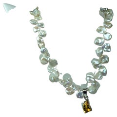 AJD White Iridescent Pearl Necklace with Freeform Citrine Pendant 