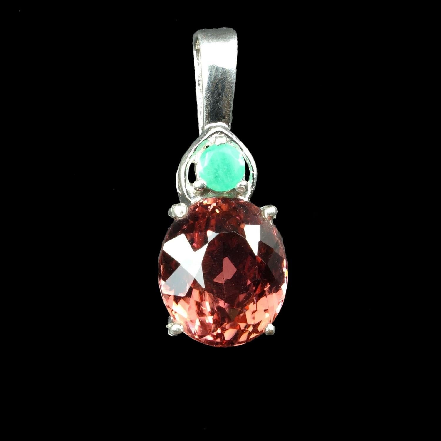 Artisan AJD Oval Dark Peach Color Tourmaline and Emerald Pendant in Sterling Silver