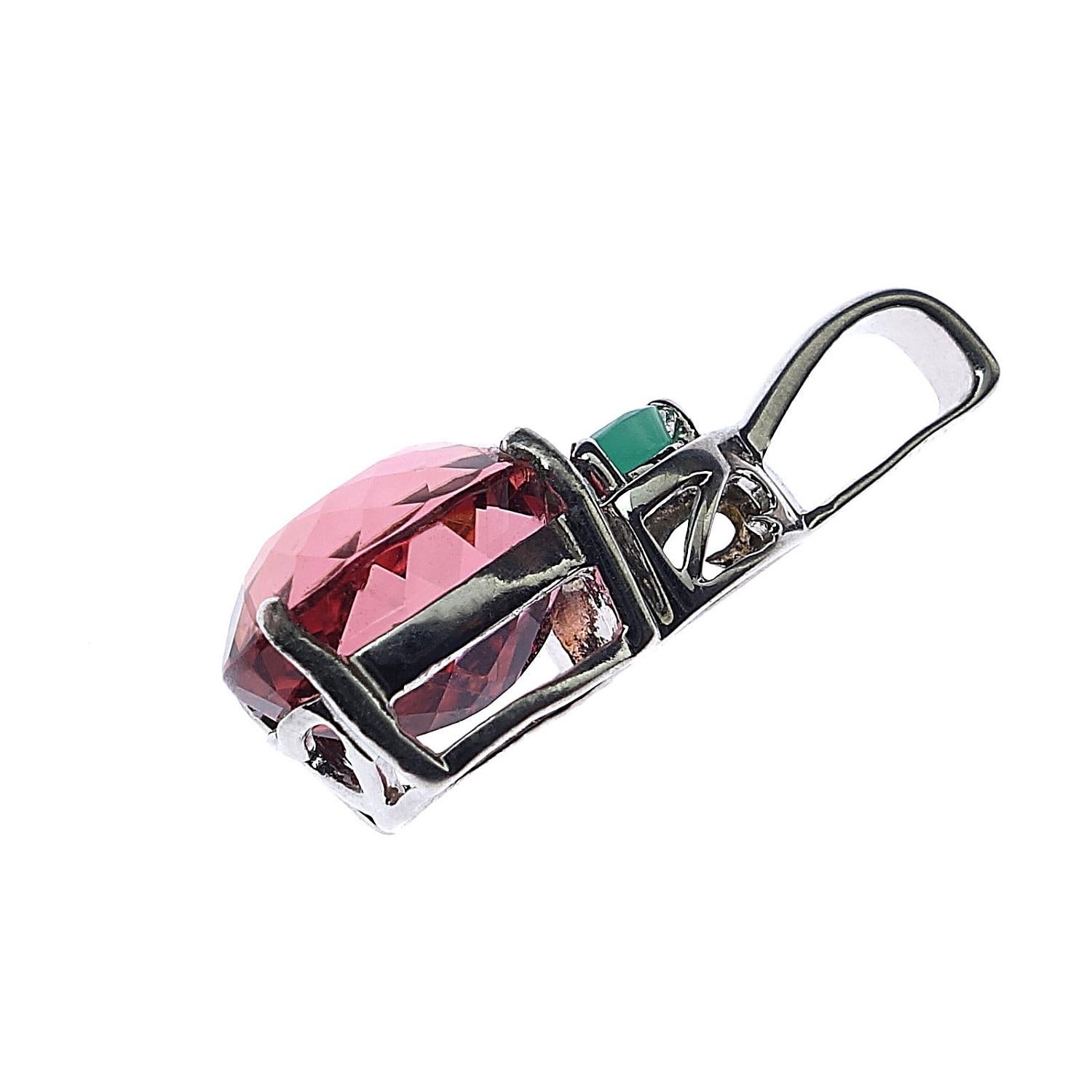 Oval Cut AJD Oval Dark Peach Color Tourmaline and Emerald Pendant in Sterling Silver