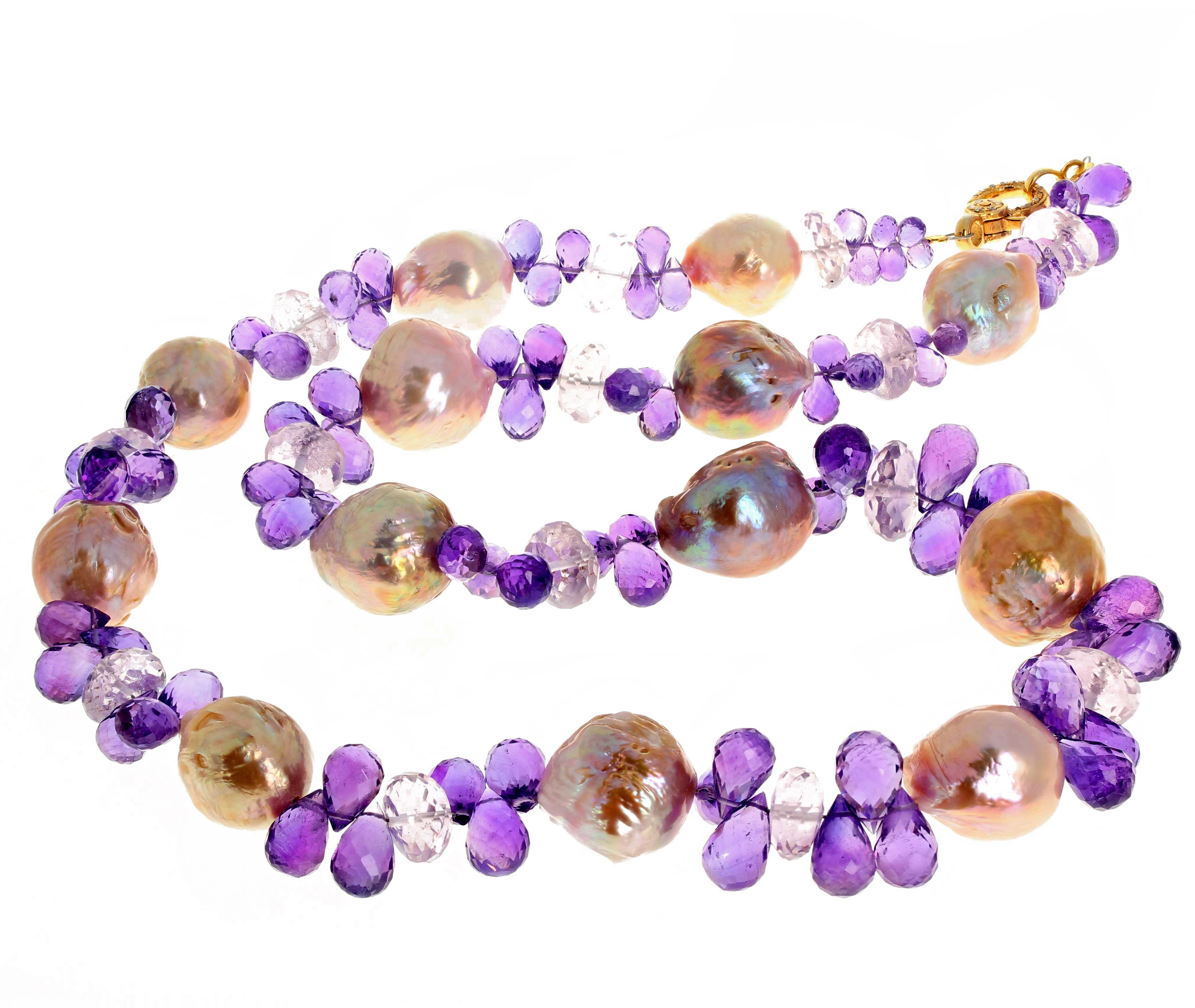 AJD Cultured Goldy Pearls  & Amethyst Necklace With Gold & Diamond Clasp In New Condition In Raleigh, NC