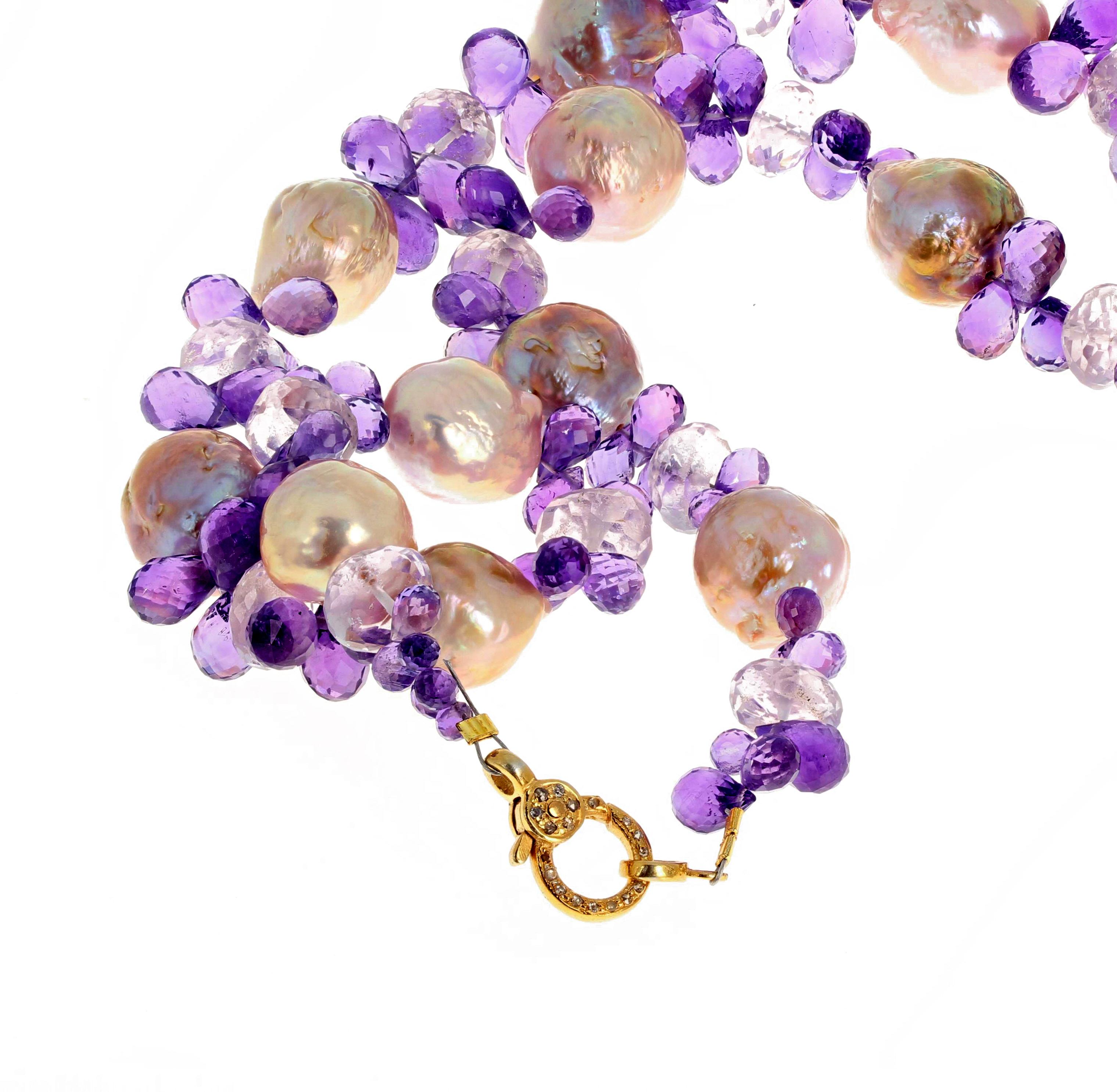 Women's or Men's AJD Cultured Goldy Pearls  & Amethyst Necklace With Gold & Diamond Clasp