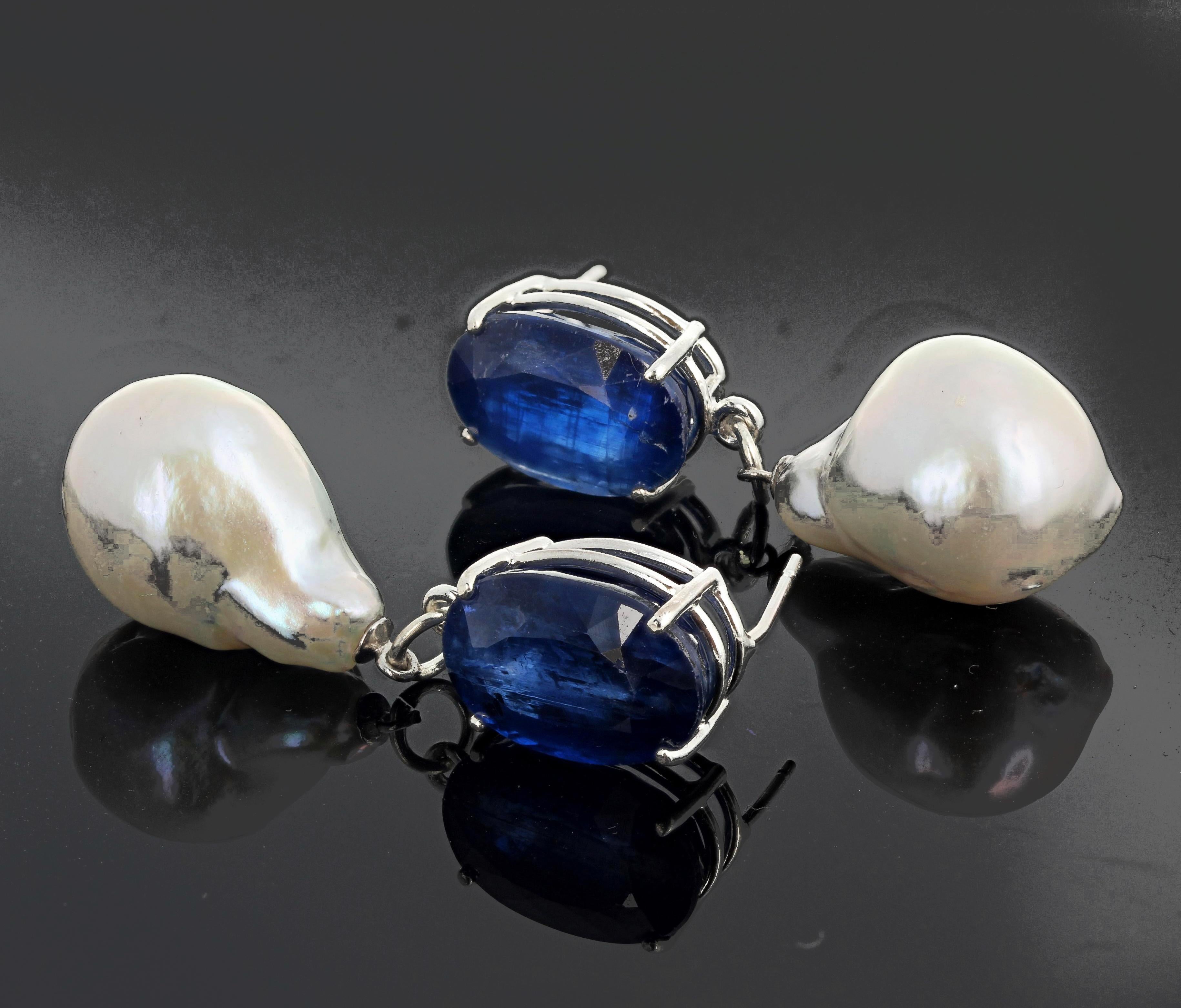 Gorgeous big blue glowing Nepalese Kyanites (12 mm x 10 mm - 18.8 carats) dangle these beautiful baroque natural cultured Pearls from sterling silver stud earrings.  They hang approximately 1.73 inches and are perfect for day into evening. 