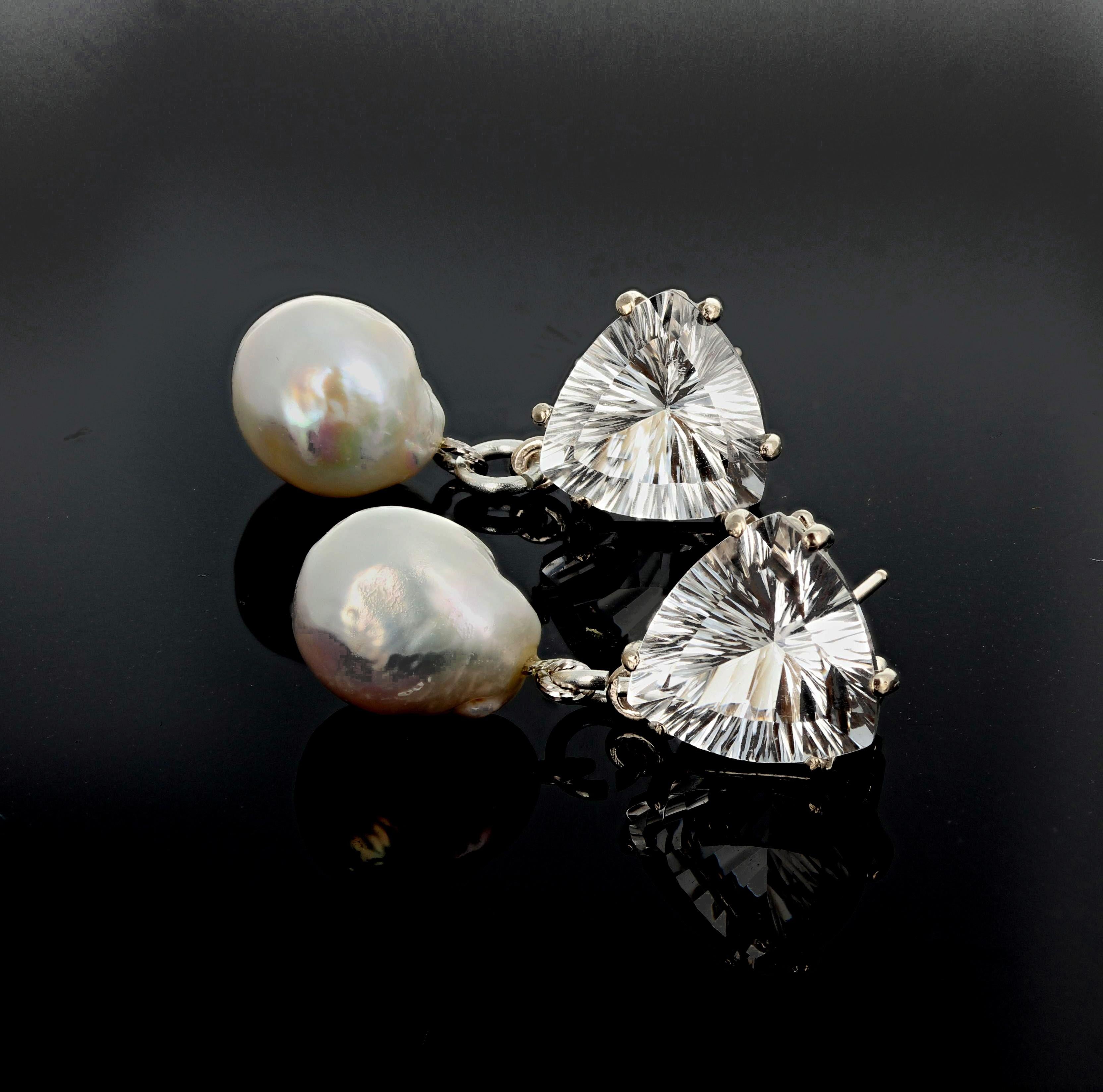 Women's or Men's AJD Spectacular Glittering 10.86 Cts White Quartz & Pearl Silver Earrings