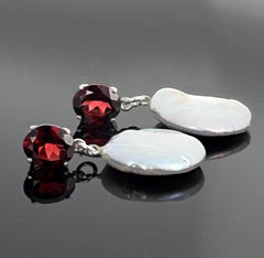 AJD Brilliant RARE REAL 8.38Cts Red Garnets & White Coin Pearls 1.5" Earrings