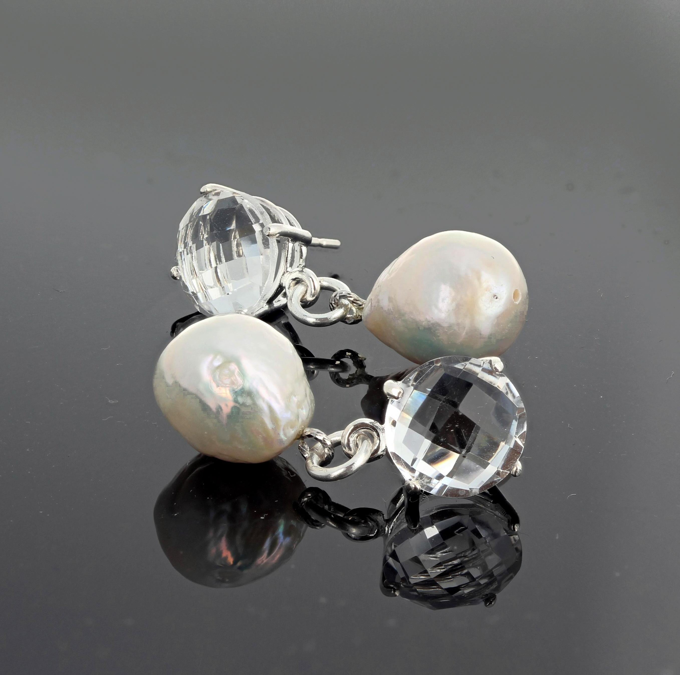AJD Brilliant Glittering Quartz & Cultured Ocean Pearl Sterling Silver Earrings In New Condition In Raleigh, NC