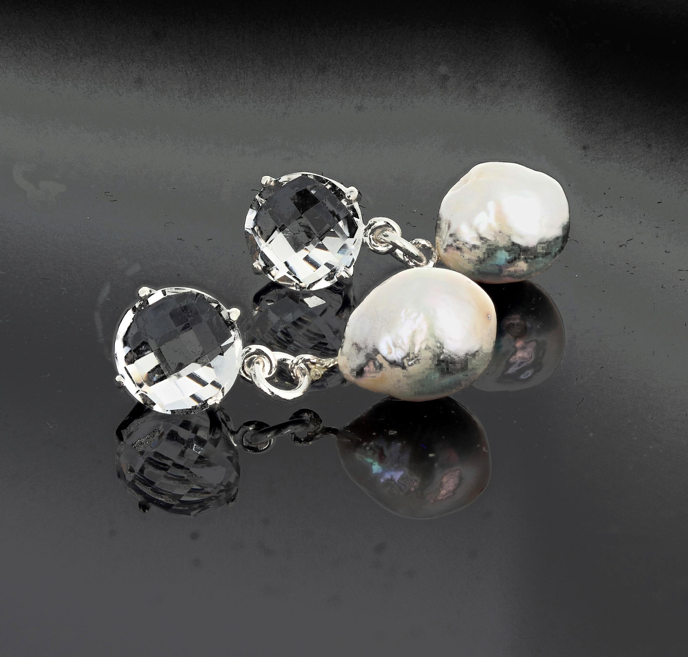 These 5.4 carats of checkerboard gem cut brilliant white translucent Quartz (10 mm) dangle beautiful white shiny cultured ocean Pearls set in sterling silver stud earrings.  They hang approximately 1.32 inches long.  M