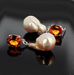 Gemjunky Superbly Elegant 6 Cts Citrines & Drop Baroque Pearl Silver Earrings