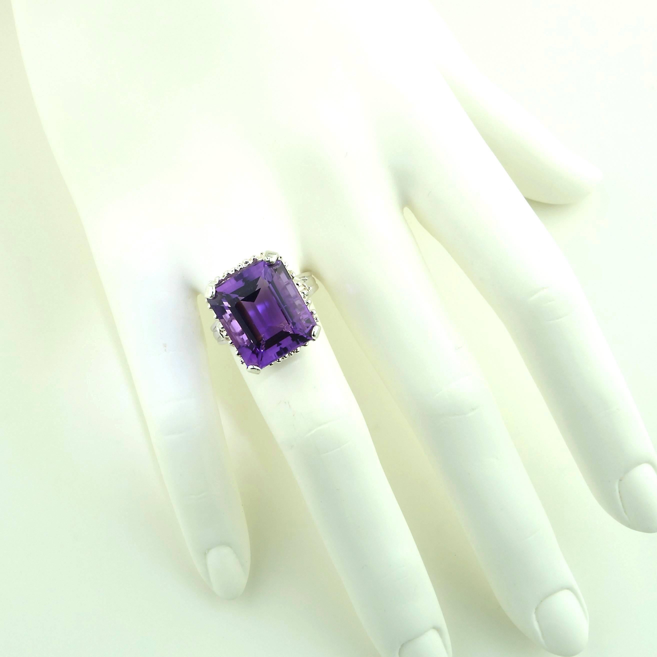 Amethyst Emerald Cut in Sterling Silver Ring February Birthstone In New Condition In Raleigh, NC