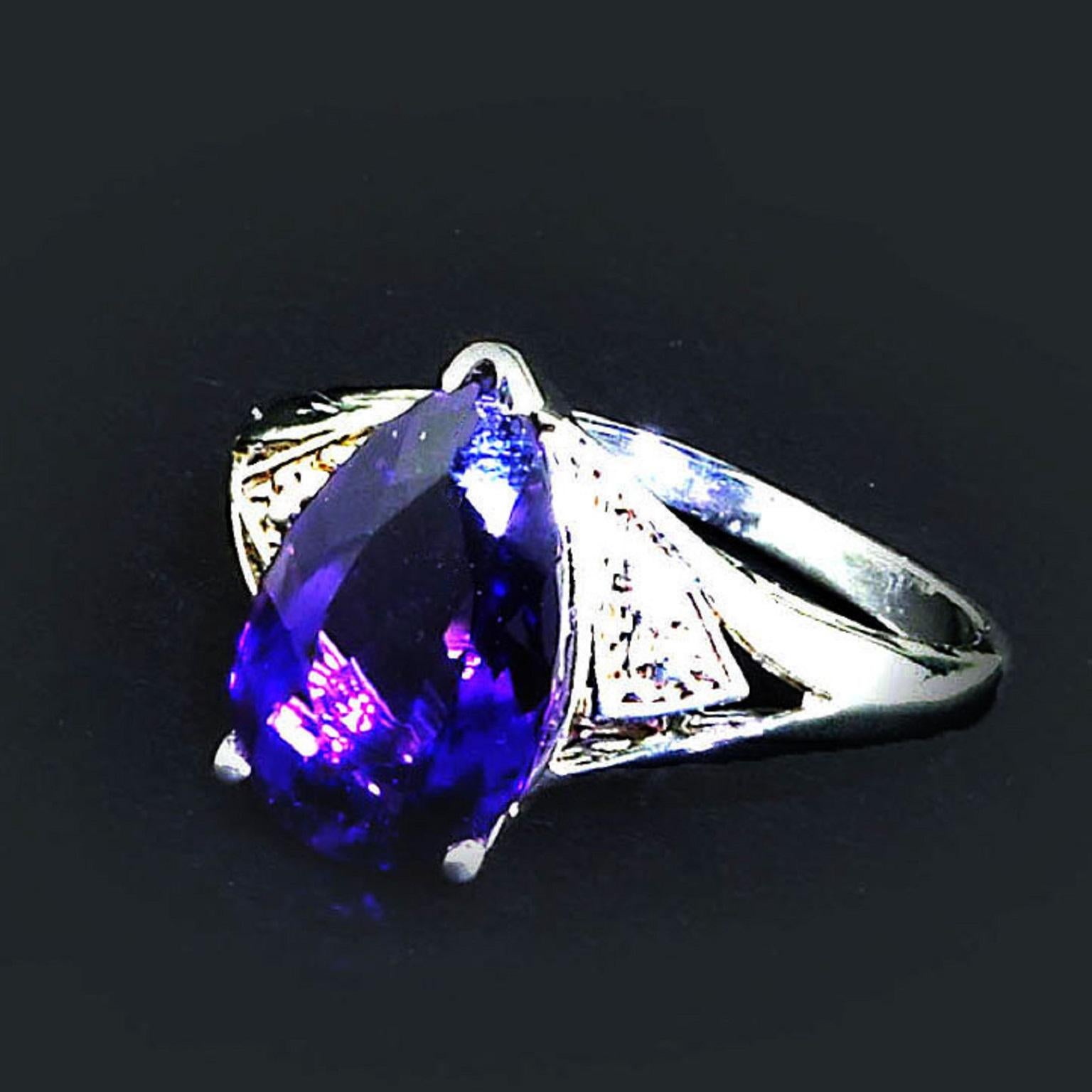 AJD Amethyst Pear Shape in Sterling Silver Ring February Birthstone In New Condition In Raleigh, NC