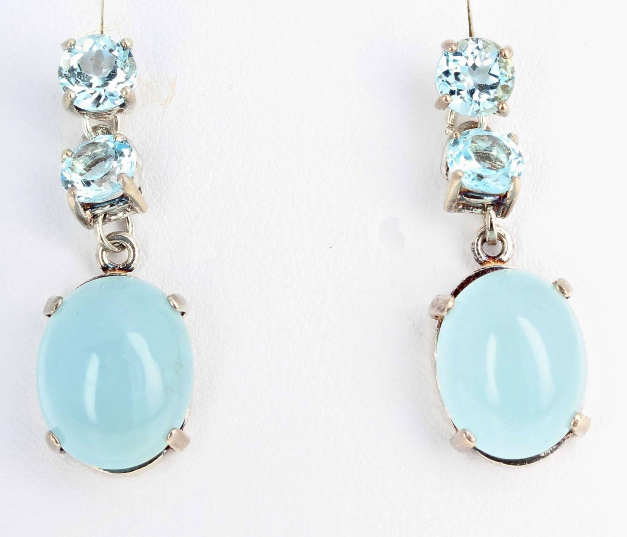 Hadmade Unique Blue Topaz and Aquamarine Sterling Silver Dangle Stud Earrings In New Condition In Raleigh, NC