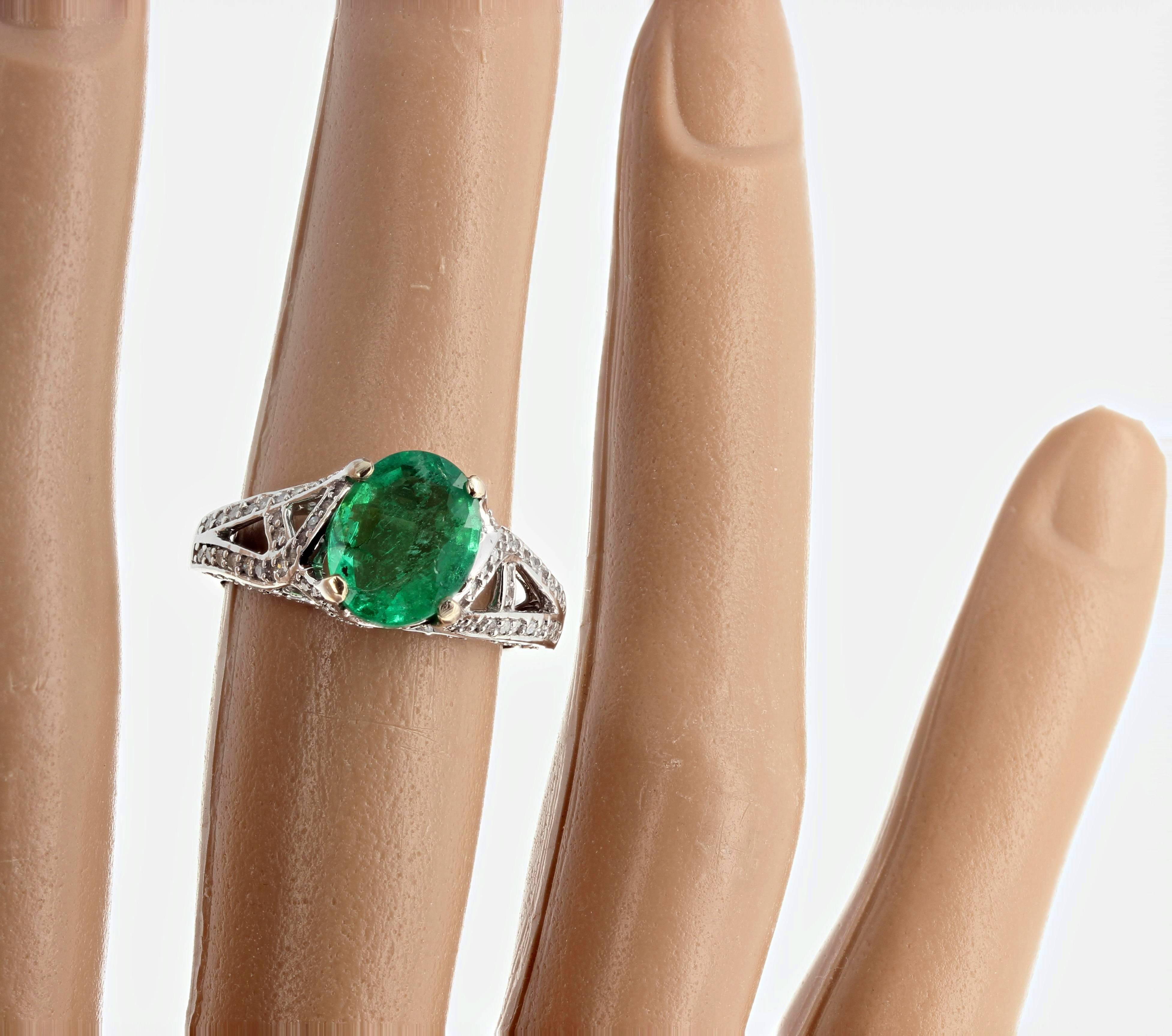 Women's or Men's AJD Glittering Brilliant REAL 3 Ct Colombian Emerald & Diamonds White Gold Ring