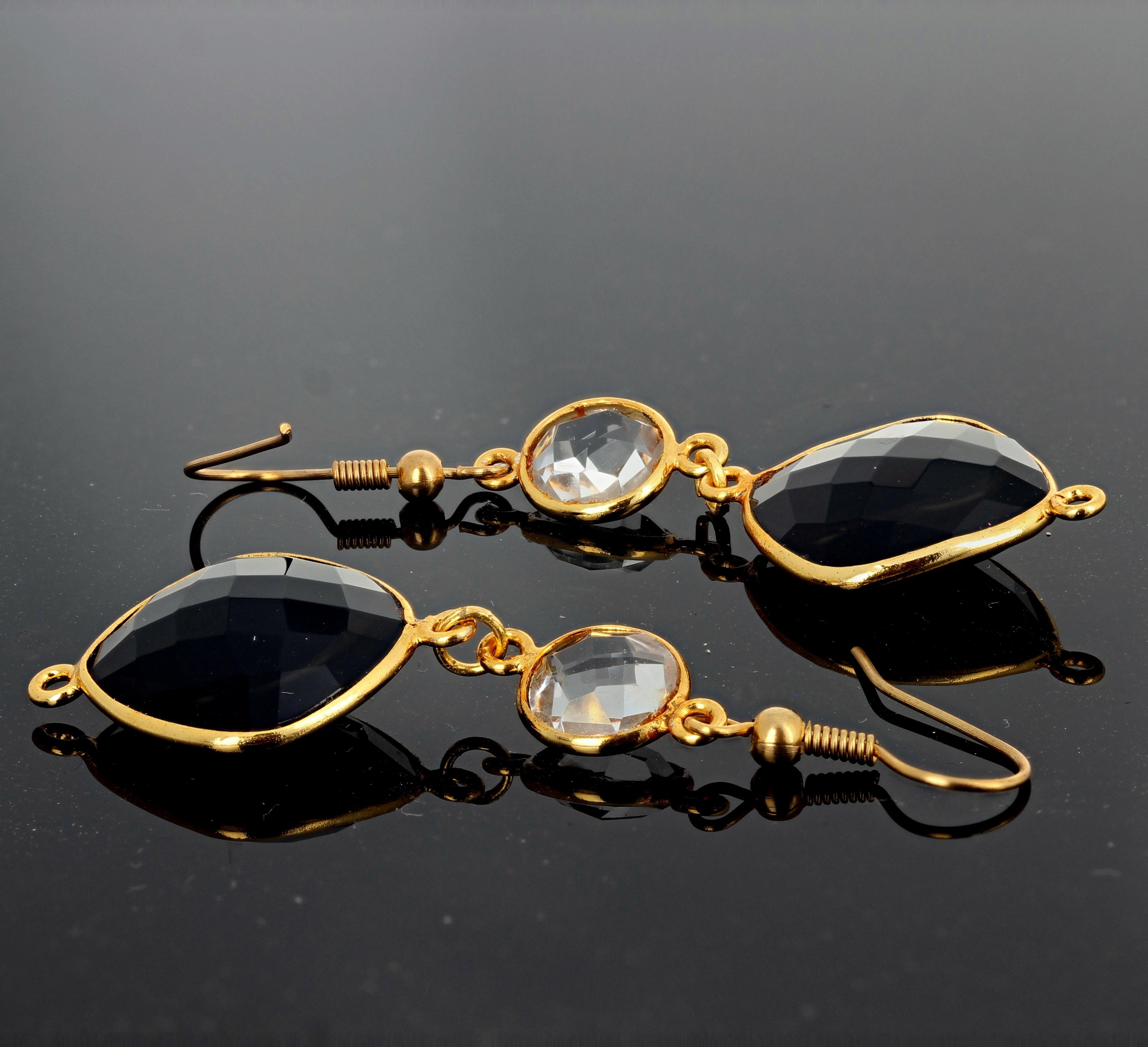 Lightly gold plated black Onyx dangle elegantly down from sparkling white gem cut round quartz.  They hang approximately 2.2 inches long from top of hook to bottom of Onyx.  More from this seller by putting gemjunky into 1stdibs search bar.