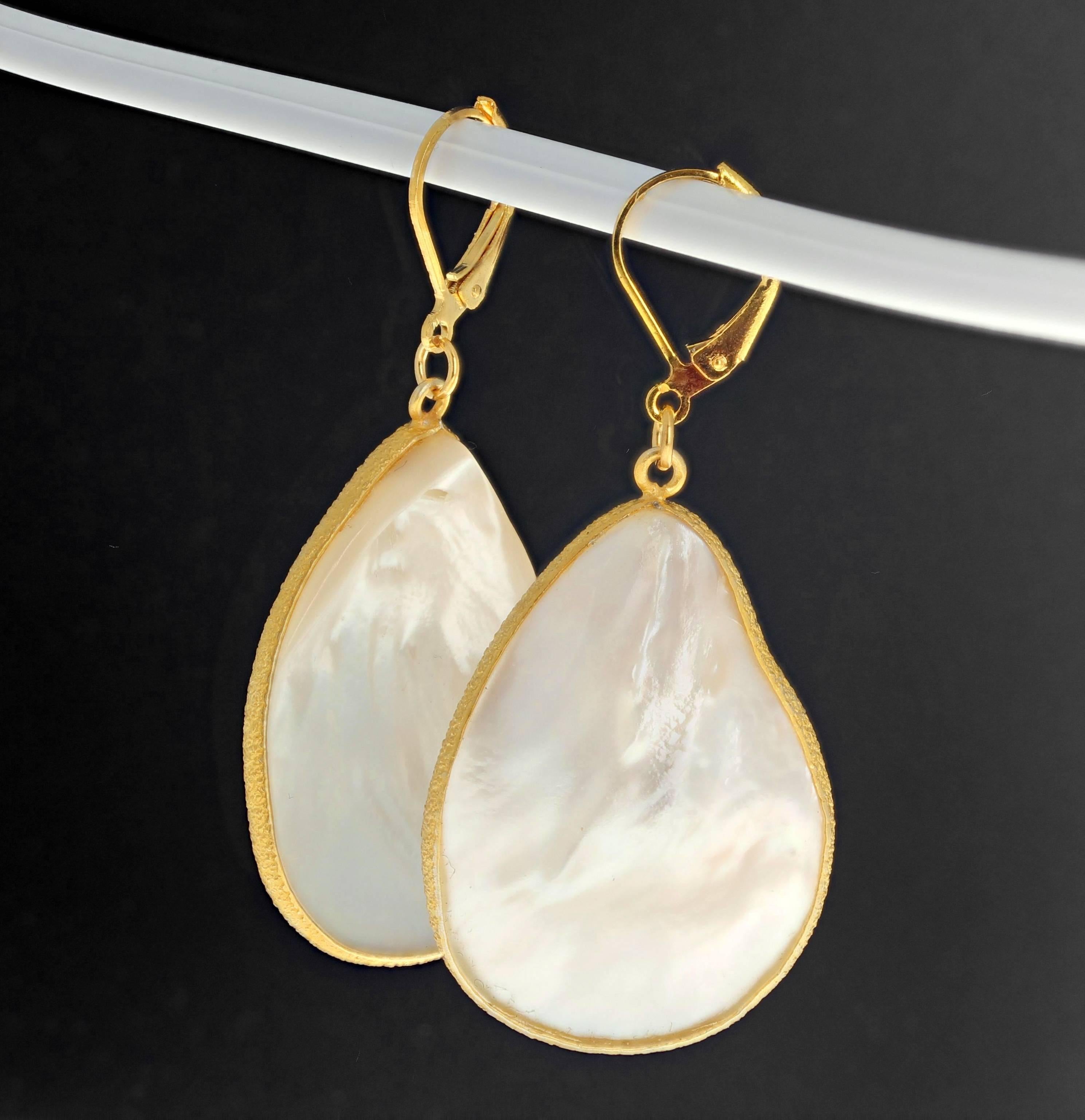 These gold plated lever back Pearl shell earrings dangle approximately 2.10 inches from top of lever to bottom of Pearl.  More from this seller by putting gemjunky into 1stdibs search bar.