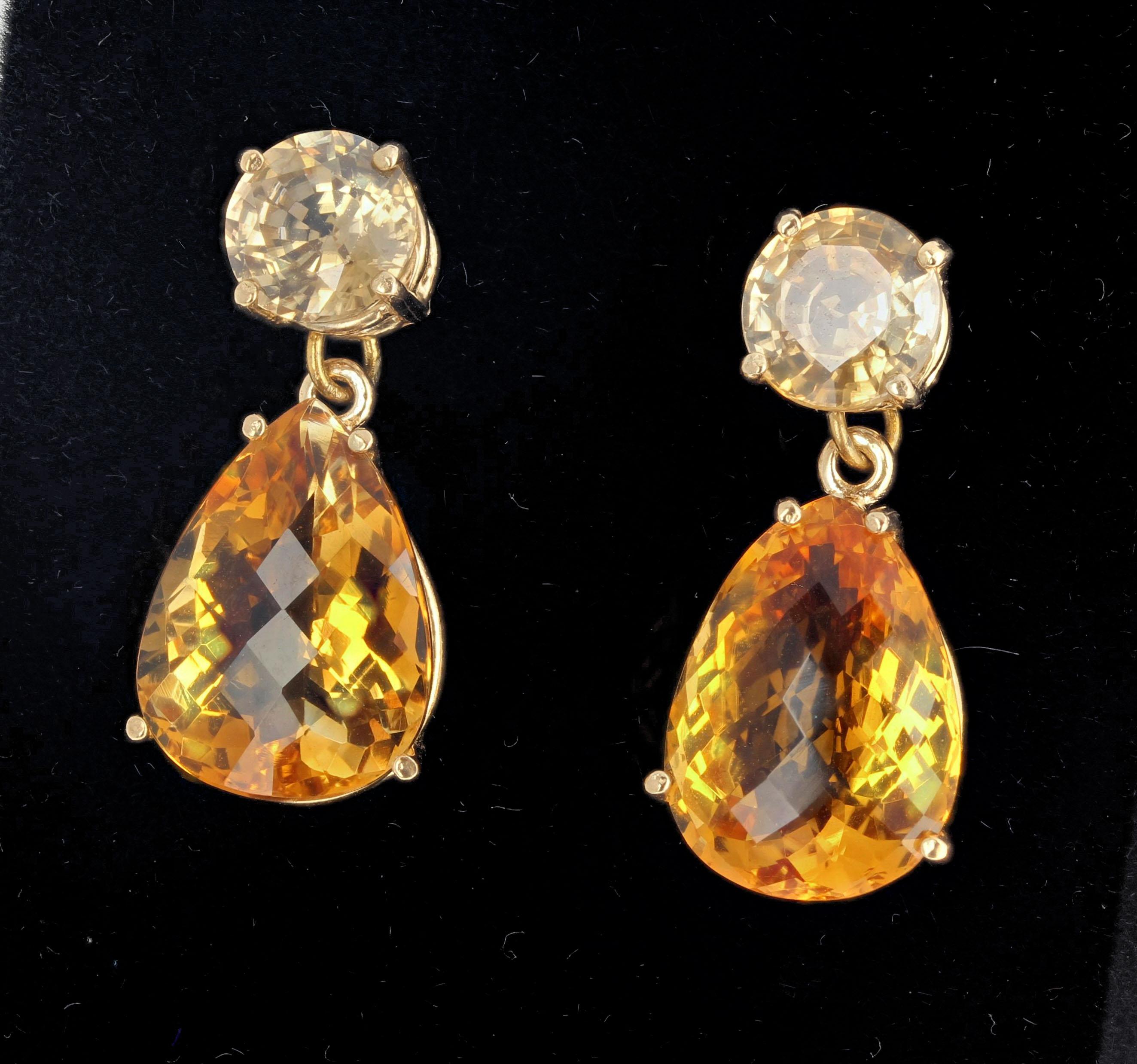 AJD 5.2Ct Natural RARE Zircons Dangle Brilliant 15.35Ct Citrines Gold Earrings In New Condition For Sale In Raleigh, NC
