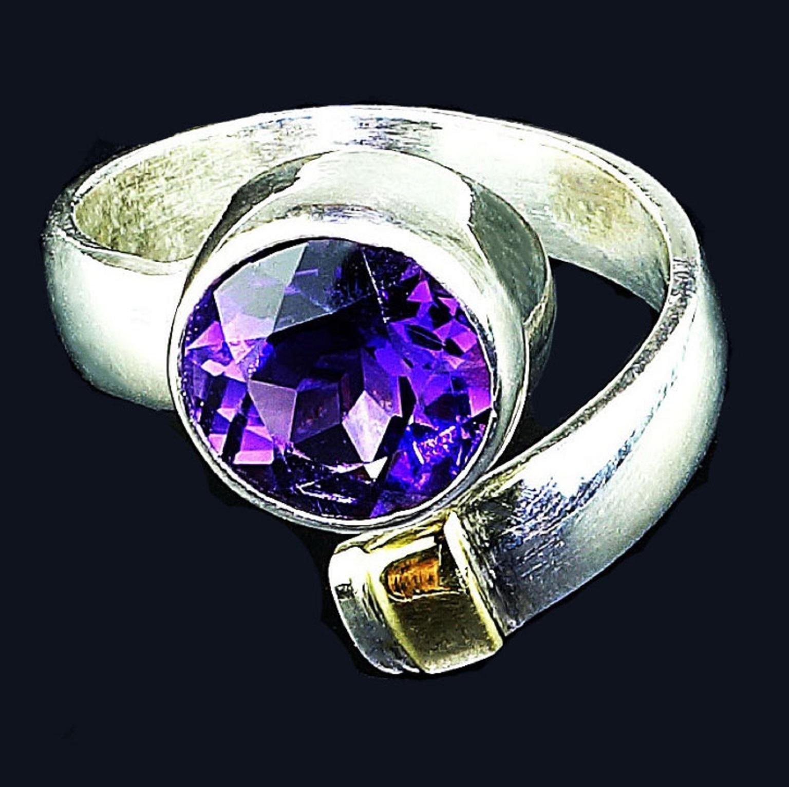Artisan AJD Crossover Amethyst and Sterling Silver Ring with 14K gold accent  
