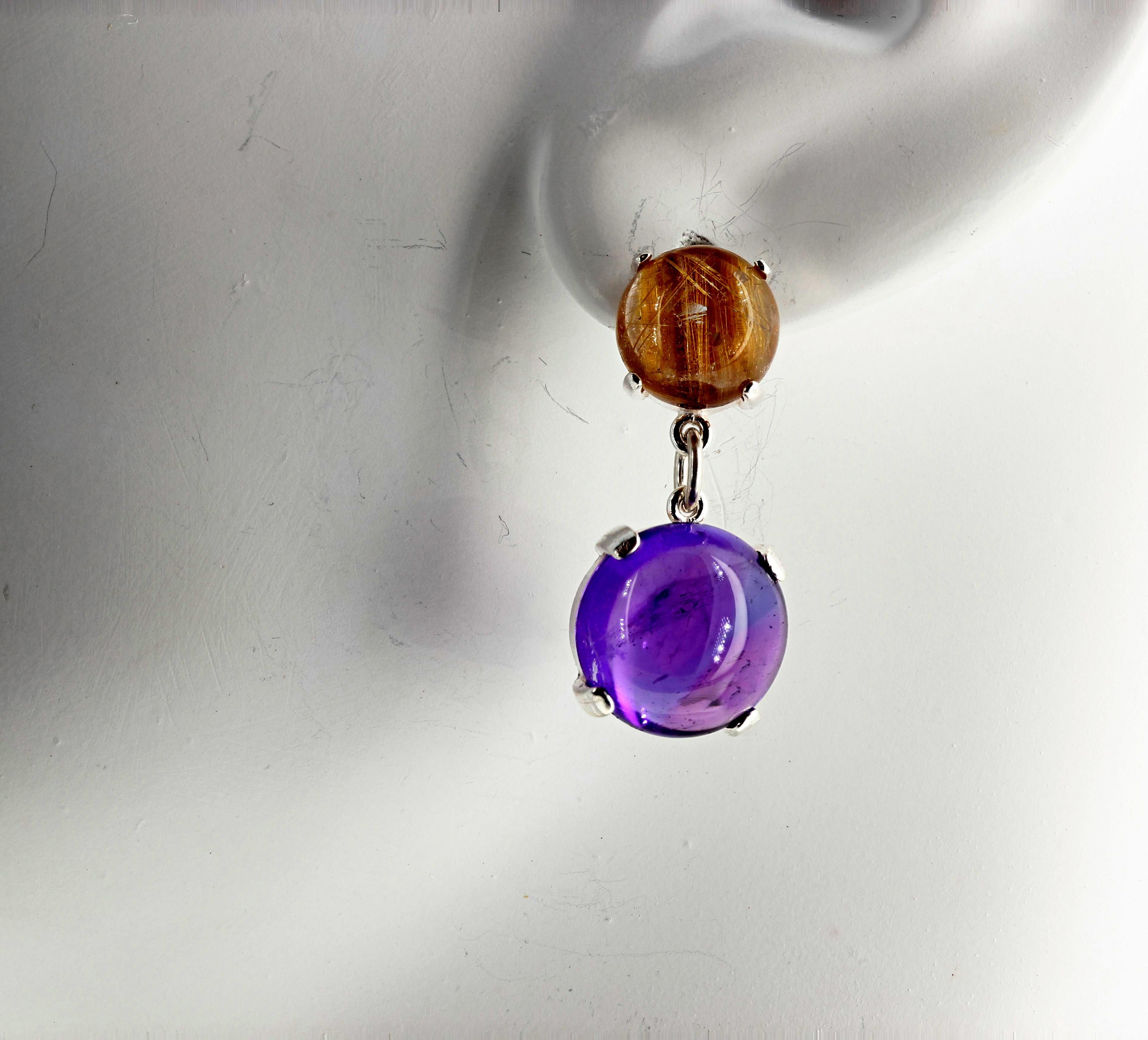 Mixed Cut AJD Exquisite Rare Golden Rutilated Quartz & Amethyst Sterling Silver Earrings For Sale