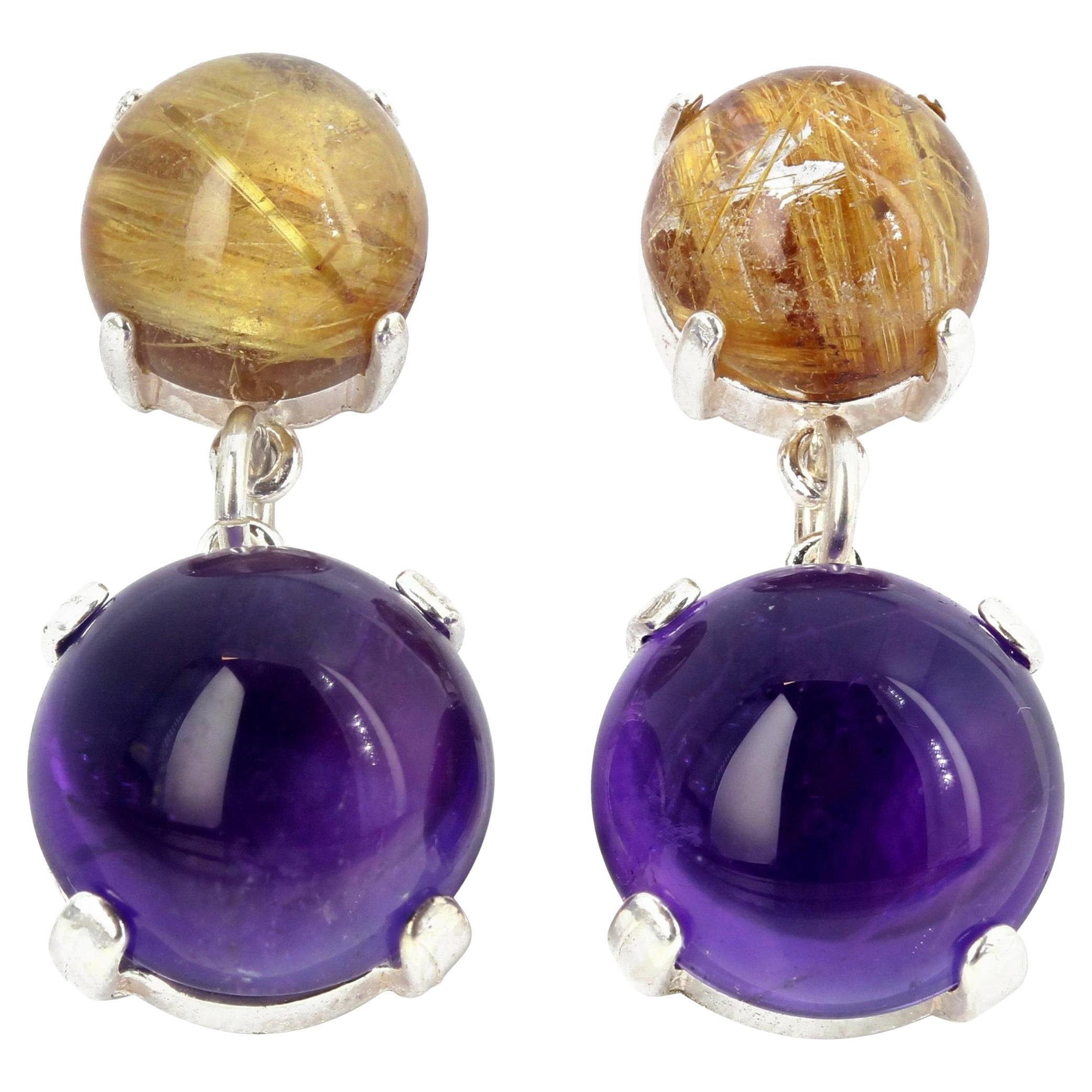 AJD Exquisite Rare Golden Rutilated Quartz & Amethyst Sterling Silver Earrings For Sale
