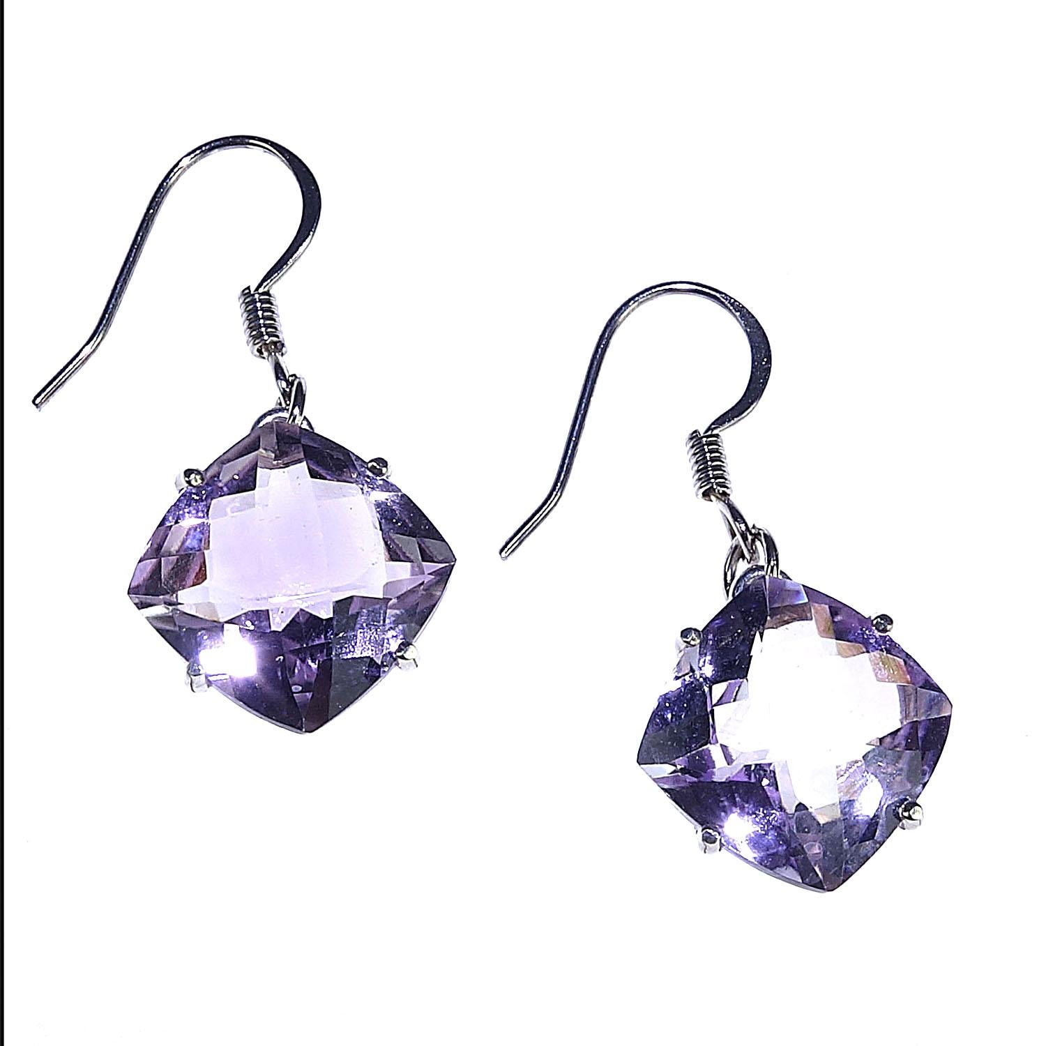 Custom designed, soft, Rose of France sparkling earrings. Checkerboard gem cut Rose of France (light colored Amethyst – pinky violet) set in Sterling silver. Silver Plate french hooks.  These lovely earrings complement all skin tones.  You will love