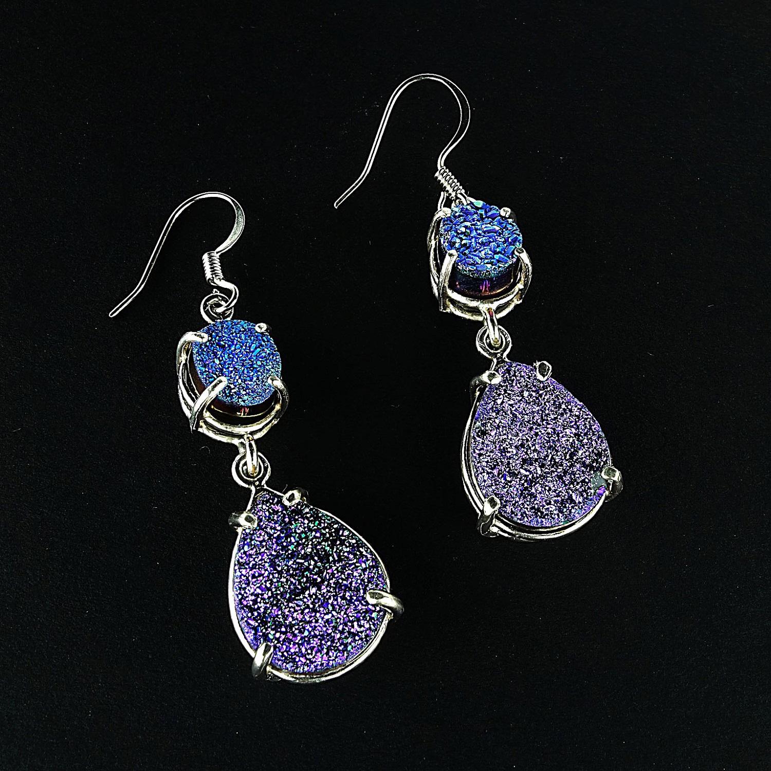 Artisan AJD Sparkly Teal and Purple Druzy Dangle Earrings 