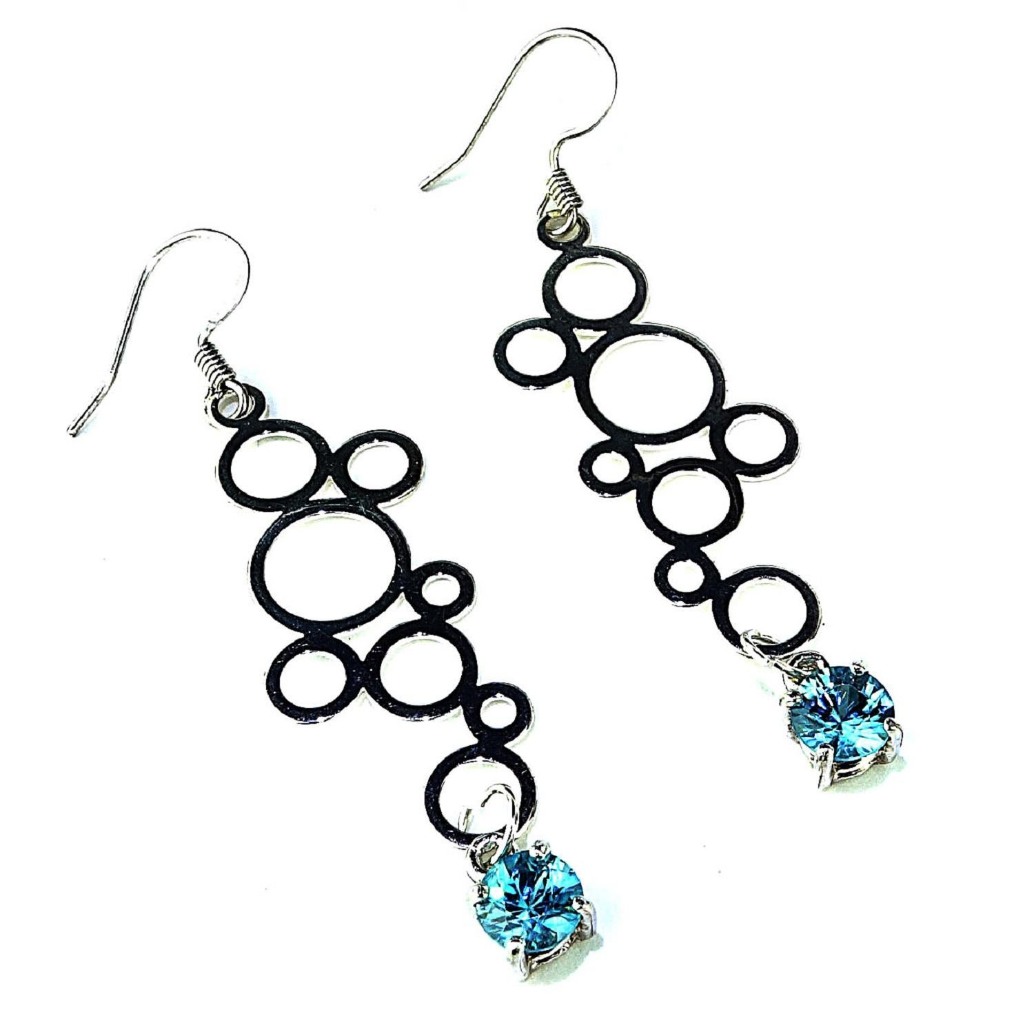 Round Cut AJD Elegant Sterling Silver Circles and Blue Sri Lankan Spinel Earrings 