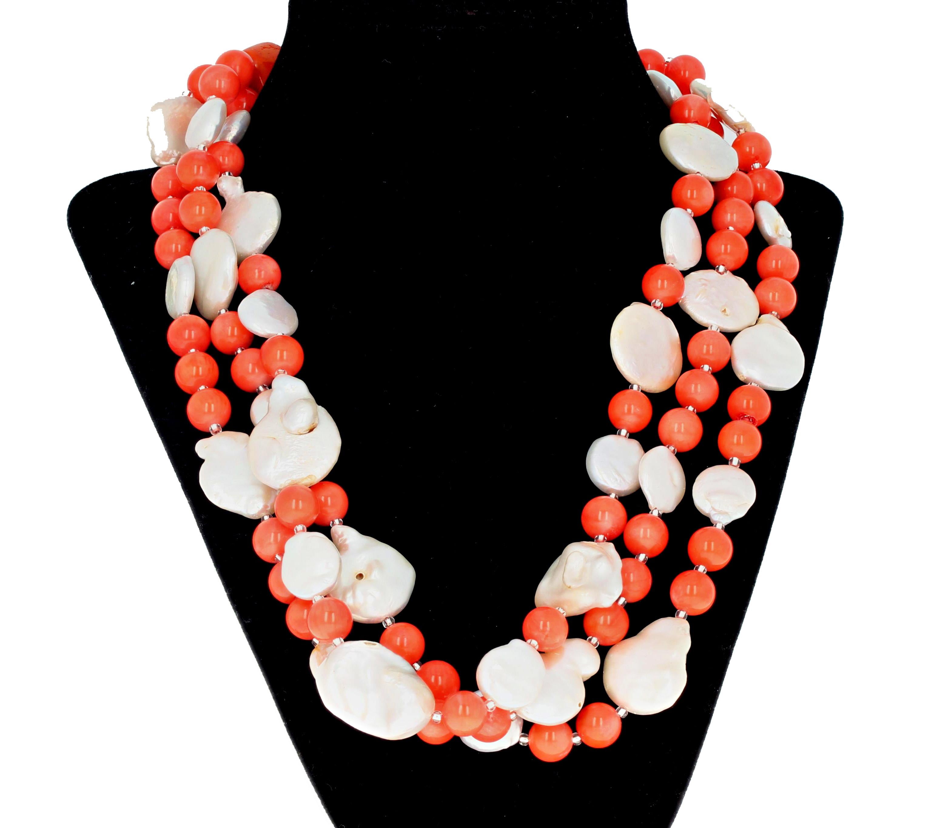 Women's or Men's AJD Superbly Dramatic Orange Coral & Coin Pearls Triple Strand 20