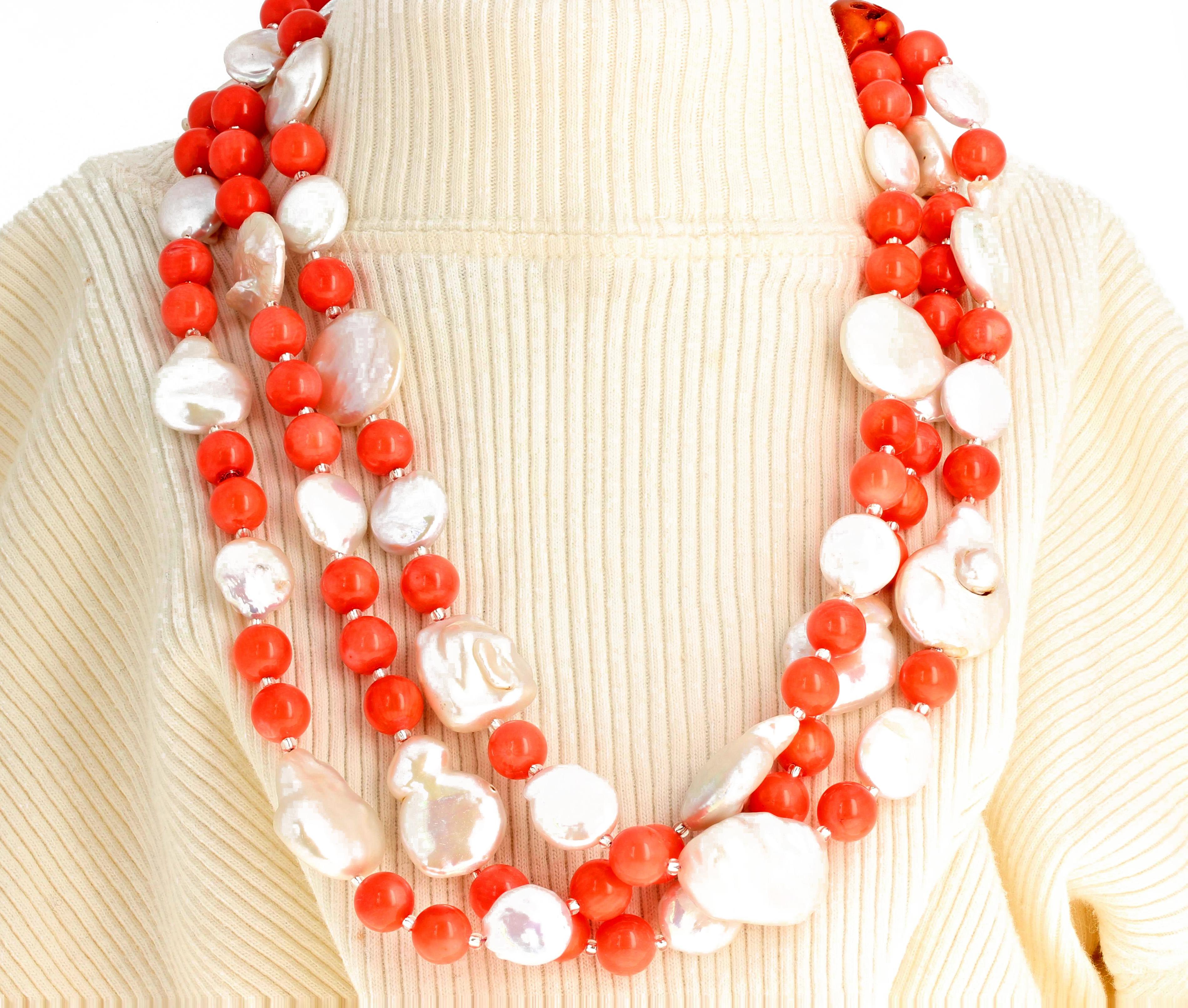 Mixed Cut AJD Superbly Dramatic Orange Coral & Coin Pearls Triple Strand 20
