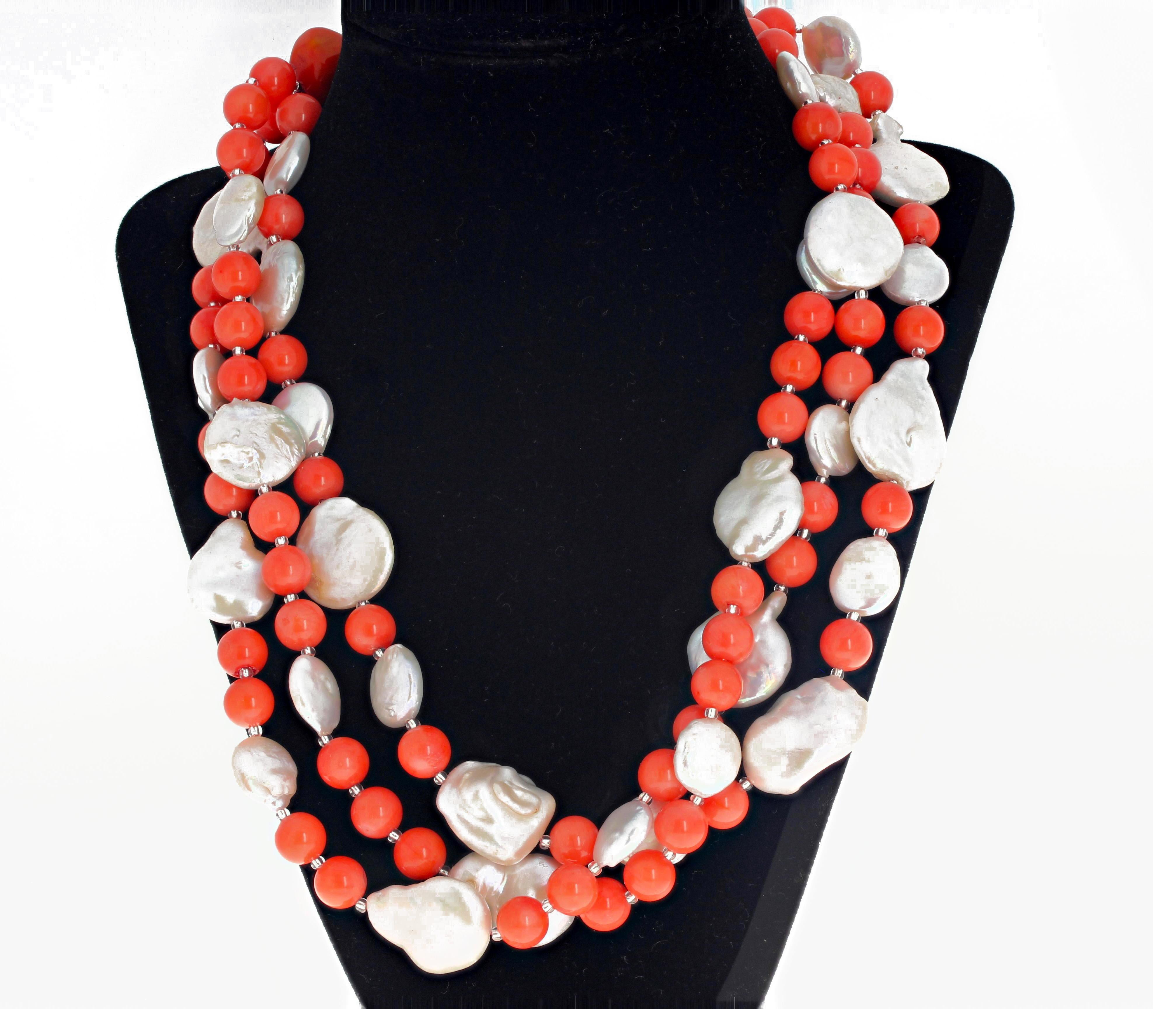 AJD Superbly Dramatic Orange Coral & Coin Pearls Triple Strand 20