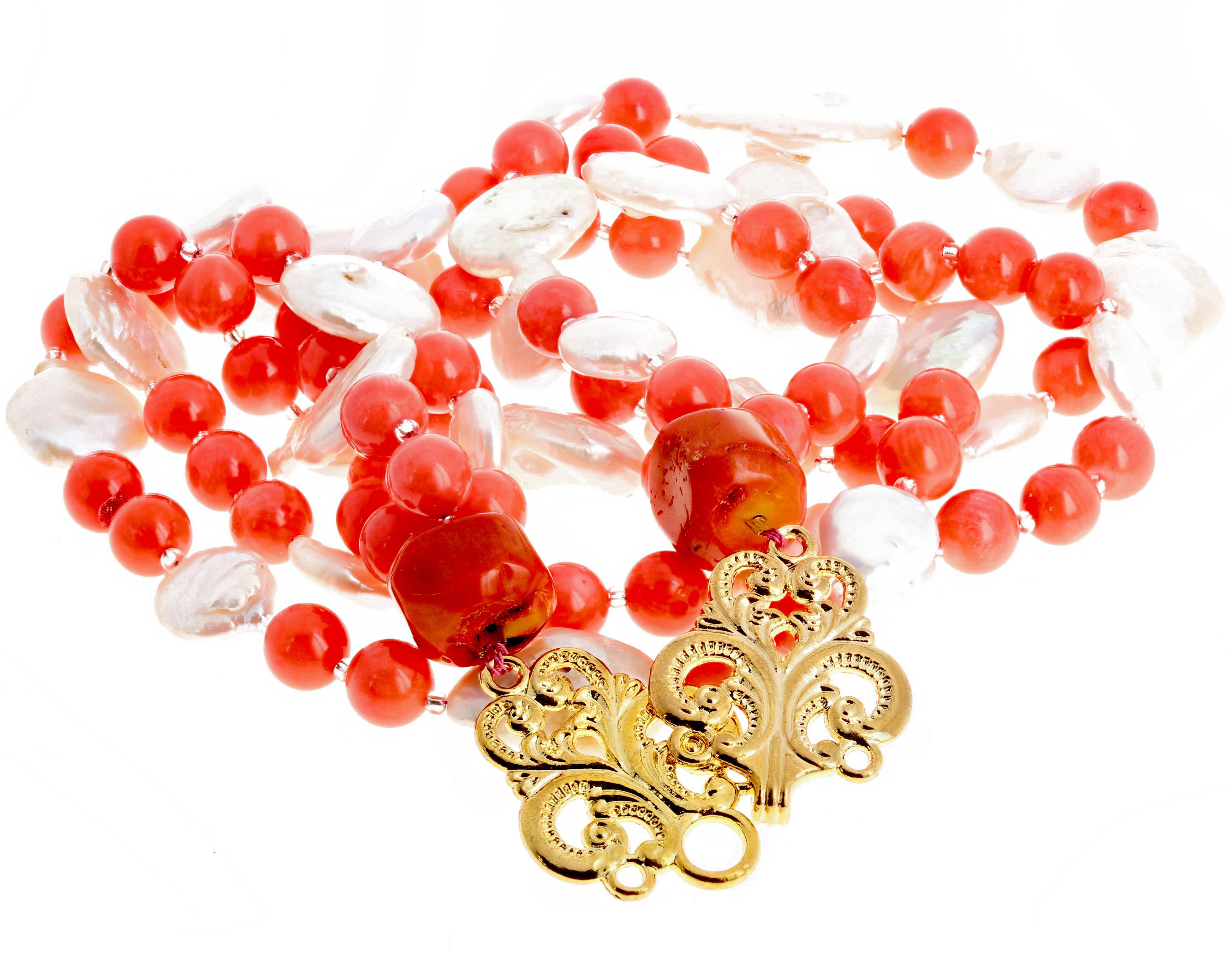 AJD Superbly Dramatic Orange Coral & Coin Pearls Triple Strand 20